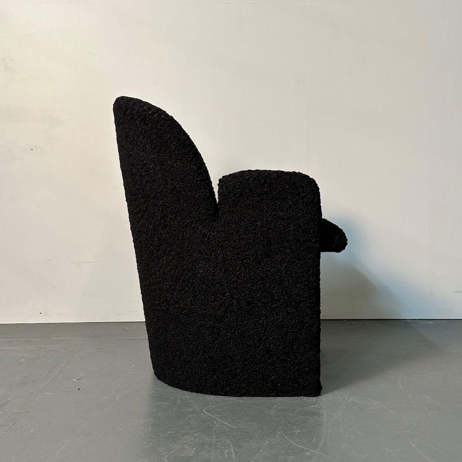 Wood Single Mid-Century Modern Style Arm / Lounge Chair, Black Bouclé, Organic Form For Sale