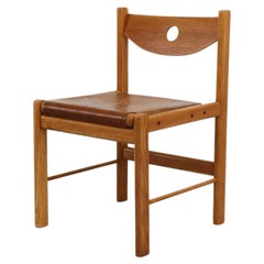 Single Mid-Century Tobia Scarpa Style Brutalist Oak & Brown Leather Dining Chair