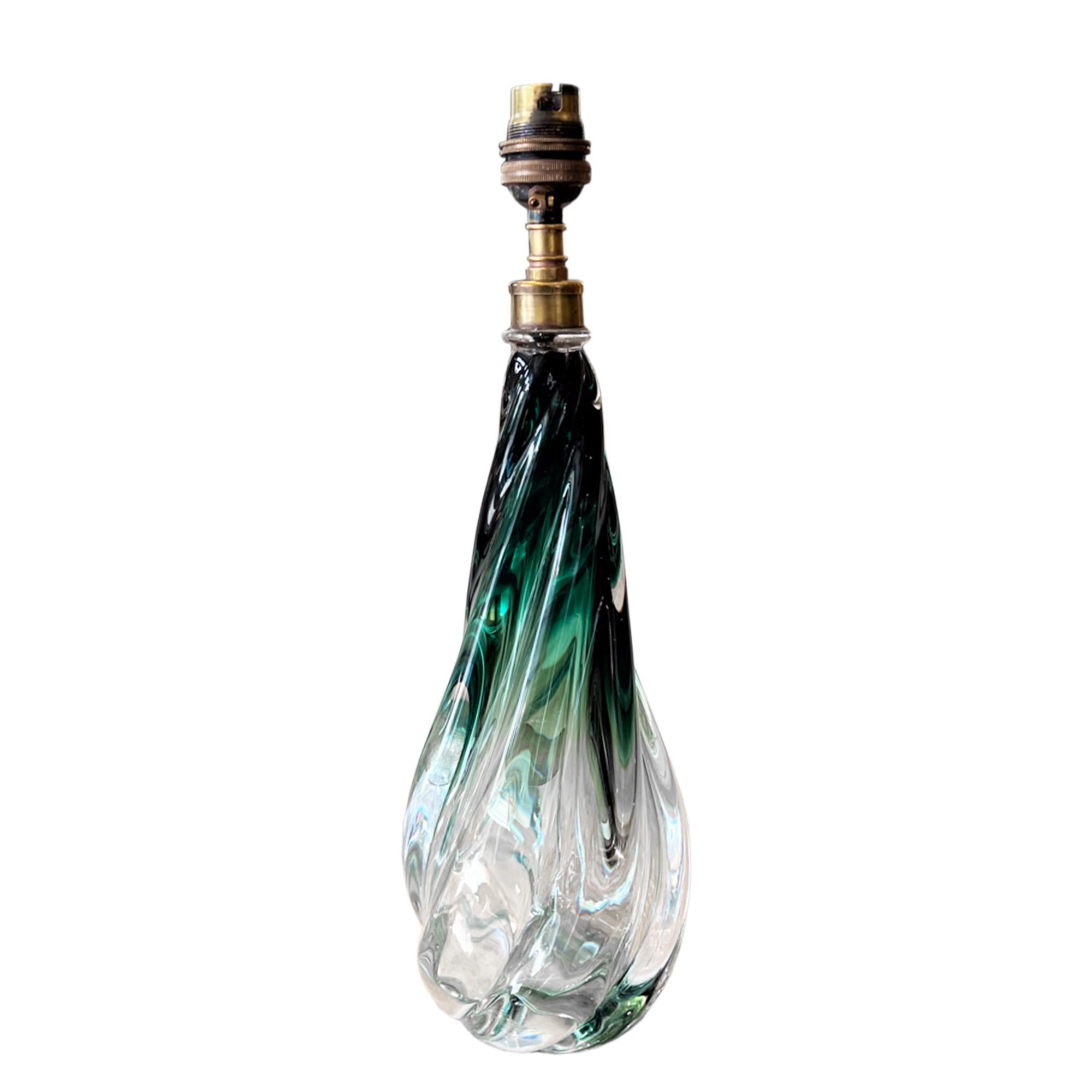 Belgian Single Midcentury Val Saint Lambert Table Lamp with Green and Clear Glass For Sale