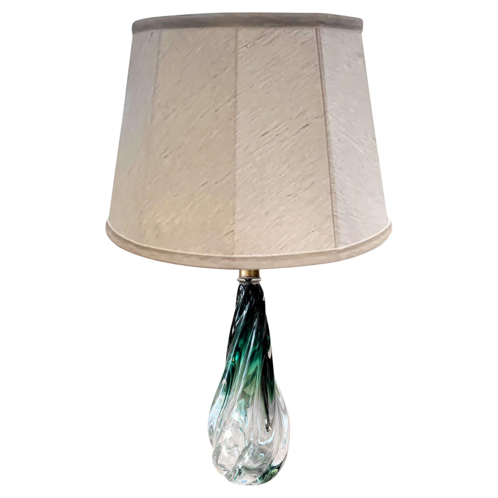 Single Midcentury Val Saint Lambert Table Lamp with Green and Clear Glass For Sale