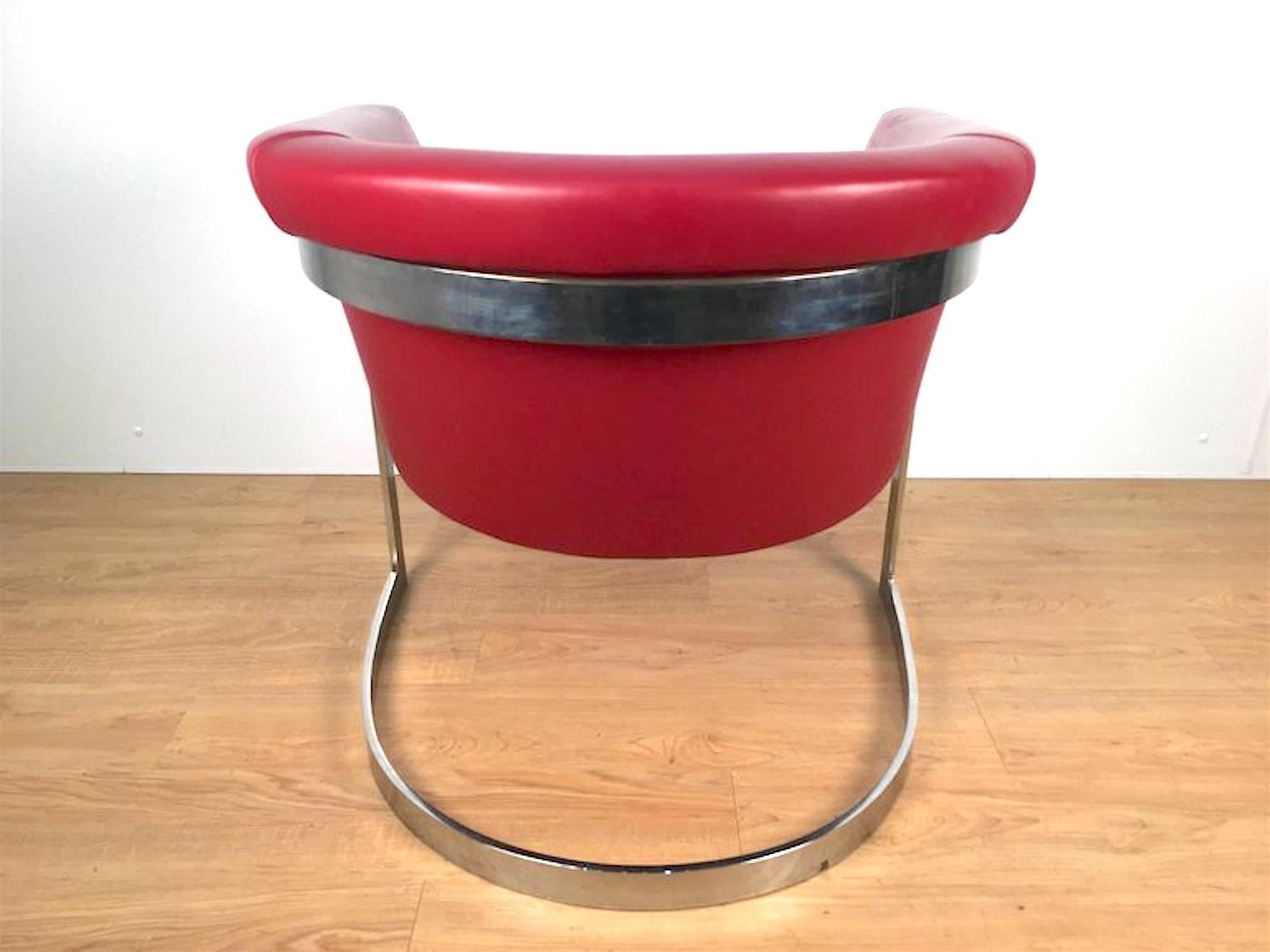 Polished 1970s Barrel Back Lounge Chair in Custom Red Leather For Sale