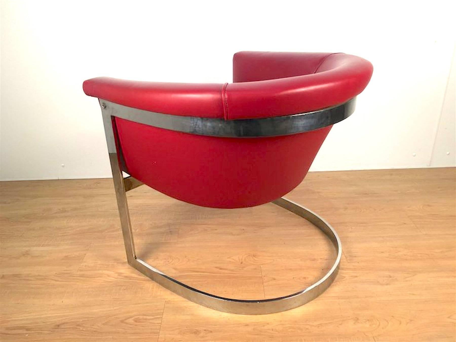 1970s Barrel Back Lounge Chair in Custom Red Leather In Good Condition For Sale In Oaks, PA