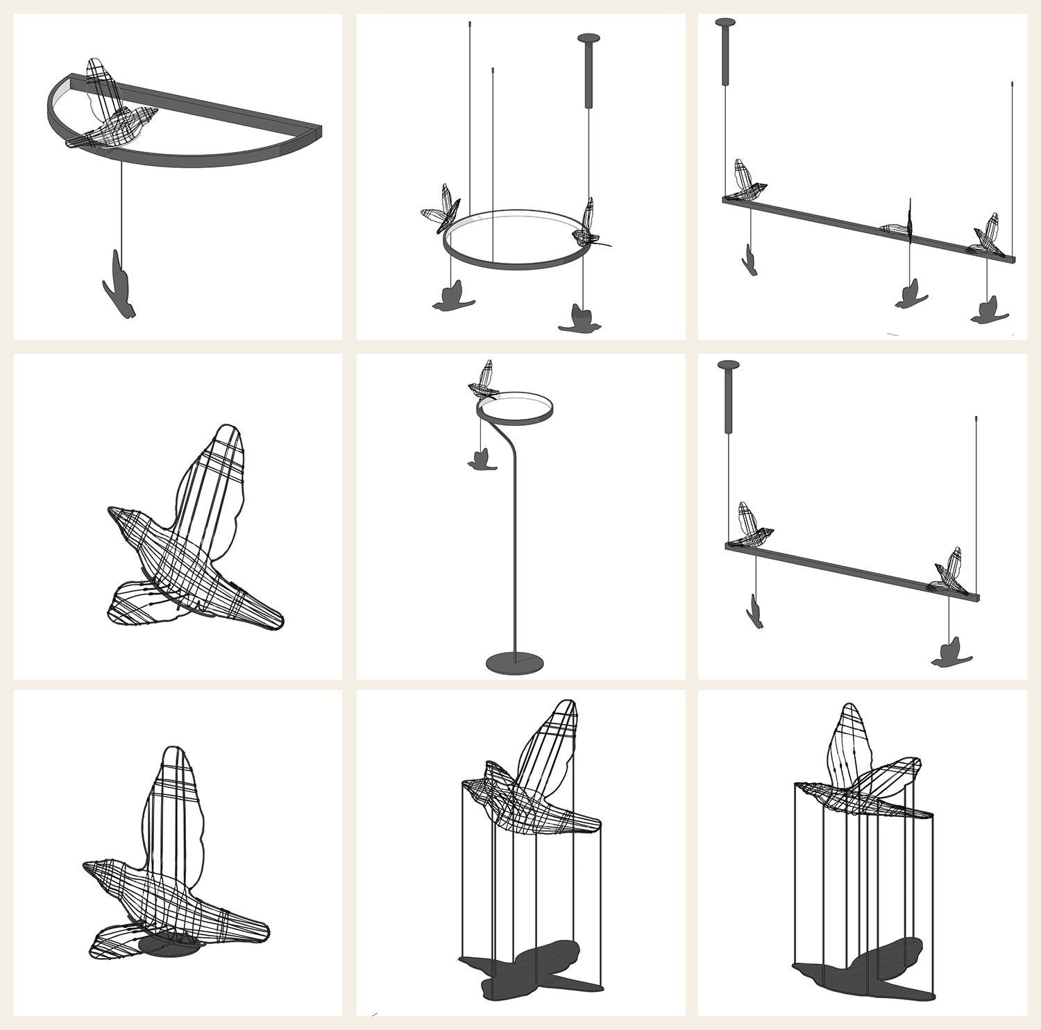 Single Modern Chandelier Lamp “Flight Shadows”, Stainless Steel Lighting For Sale 7