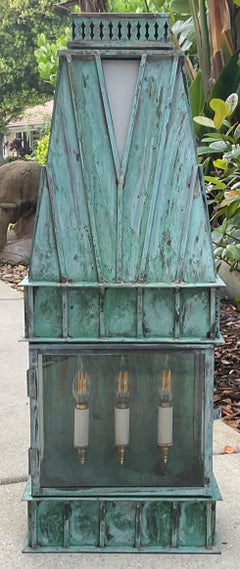 Single Monumental Art Deco Style Verdigris Copper & Brass Wall Lantern