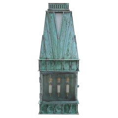 Single Monumental Art Deco Style Verdigris Copper & Brass Wall Lantern