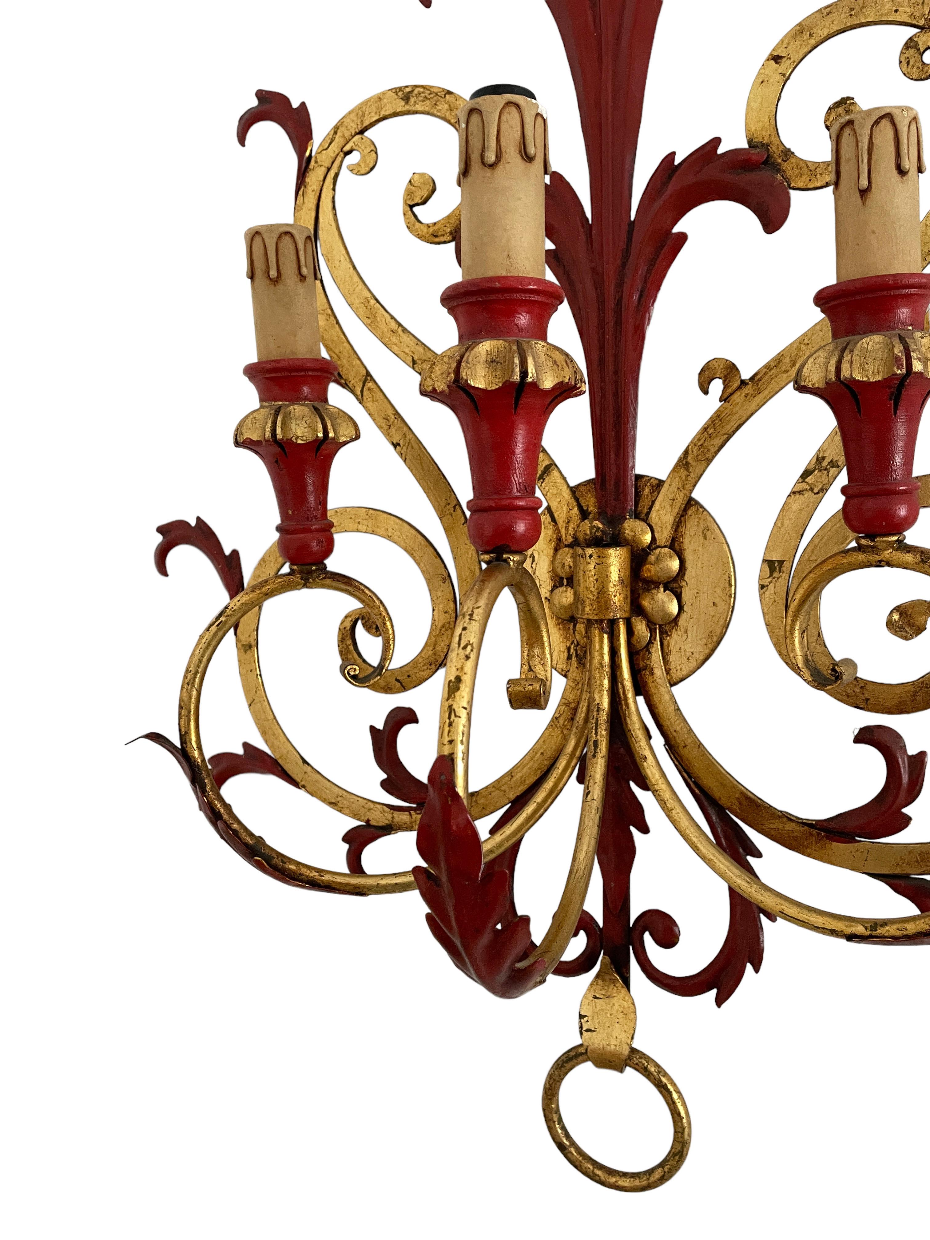 Hollywood Regency Single Monumental Tole Toleware Italian Red & Gilded 3 Light Sconce, Italy 1960s For Sale