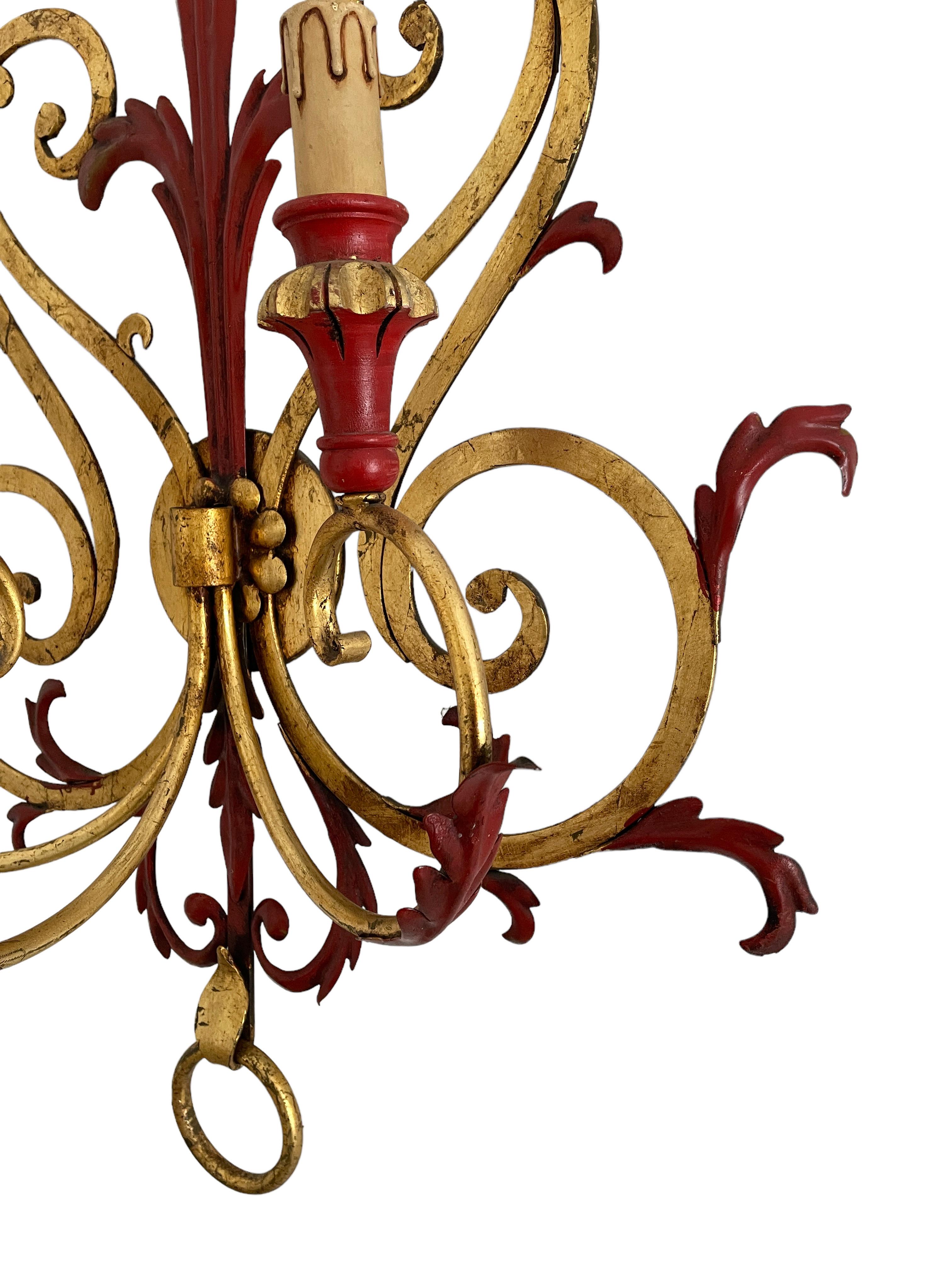 Gilt Single Monumental Tole Toleware Italian Red & Gilded 3 Light Sconce, Italy 1960s For Sale