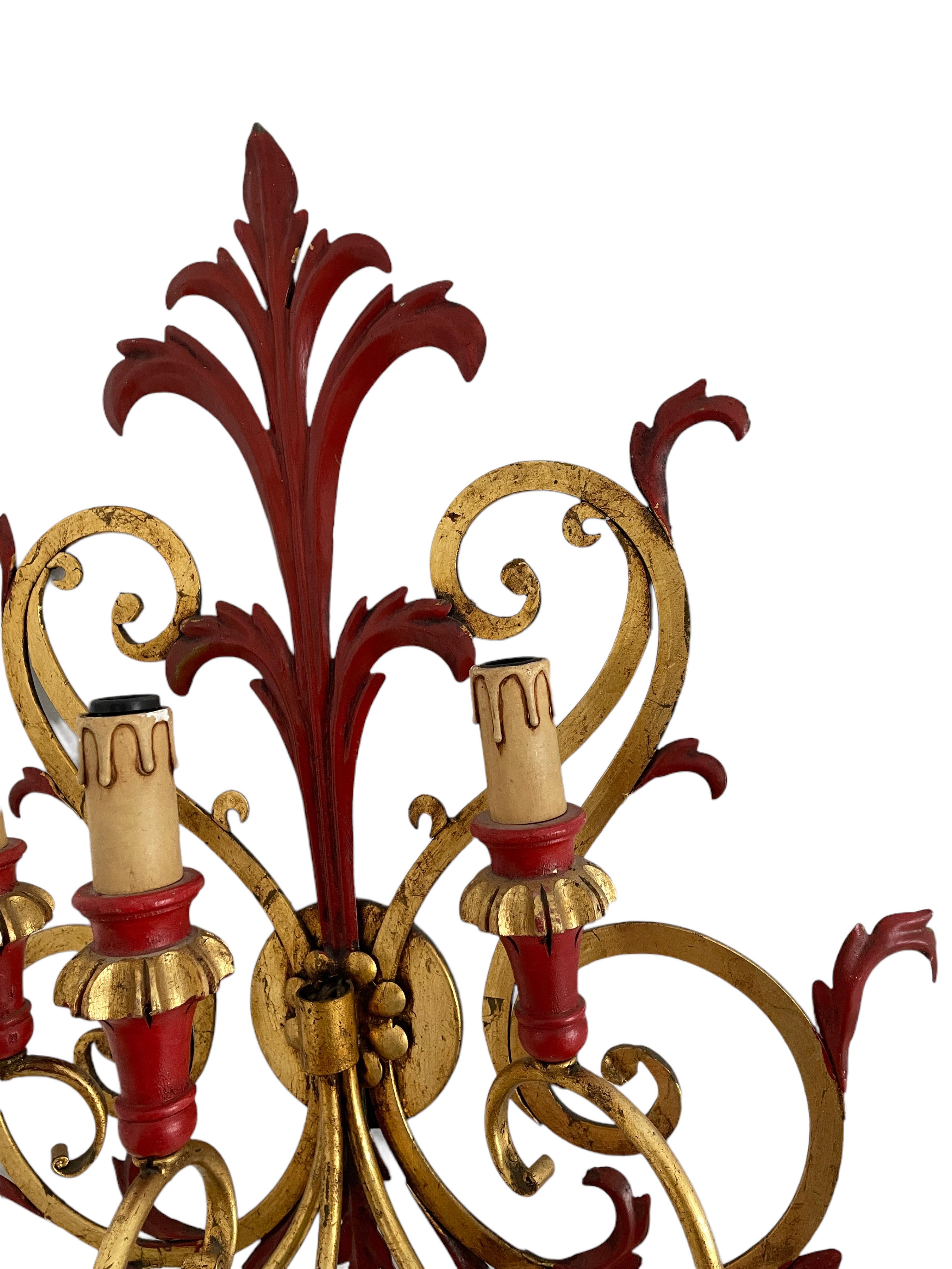 Metal Single Monumental Tole Toleware Italian Red & Gilded 3 Light Sconce, Italy 1960s For Sale