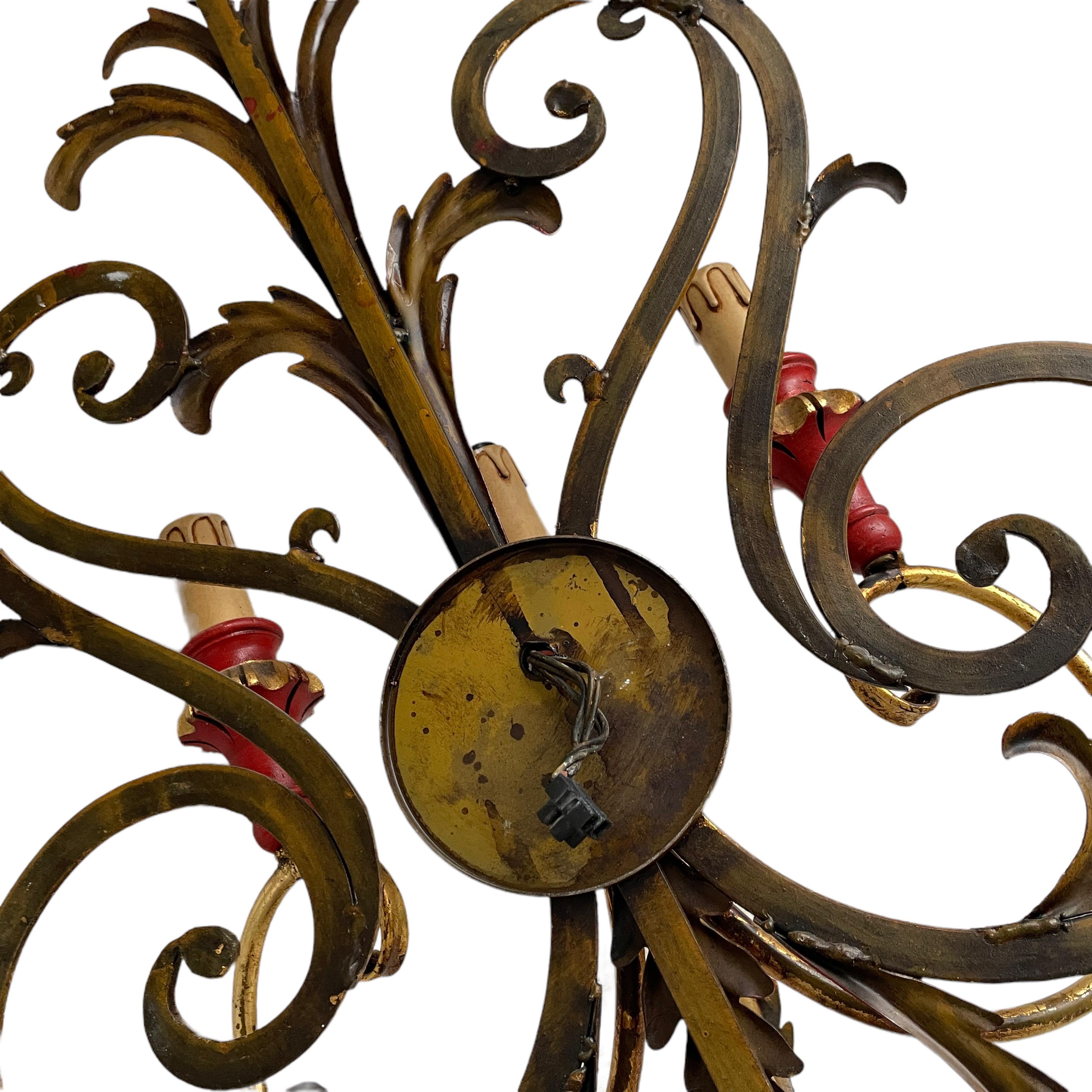 Single Monumental Tole Toleware Italian Red & Gilded 3 Light Sconce, Italy 1960s For Sale 2