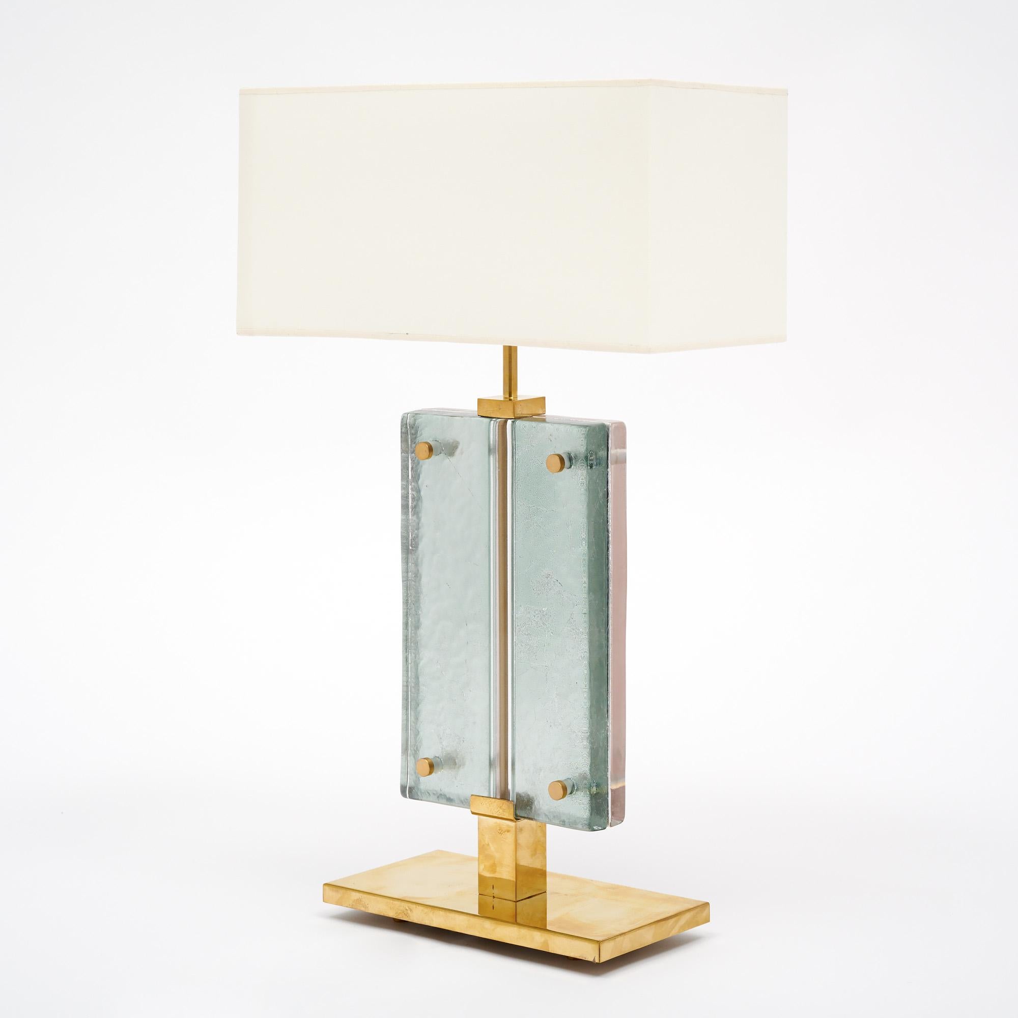 Contemporary Single Murano Glass Blue and Pink Slab Lamp For Sale