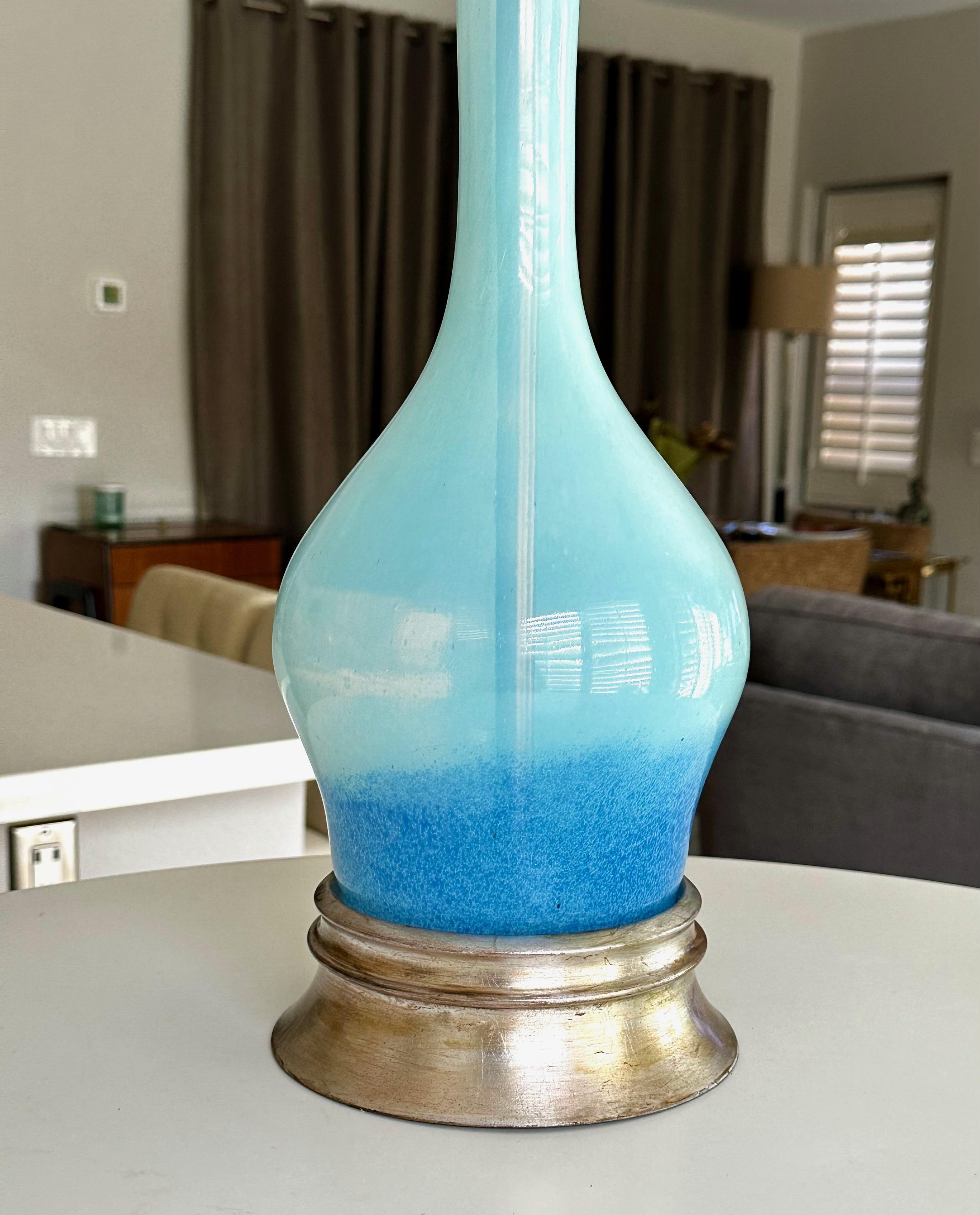 Metal Single Murano Italian Blue Opalescent Table Lamp For Sale