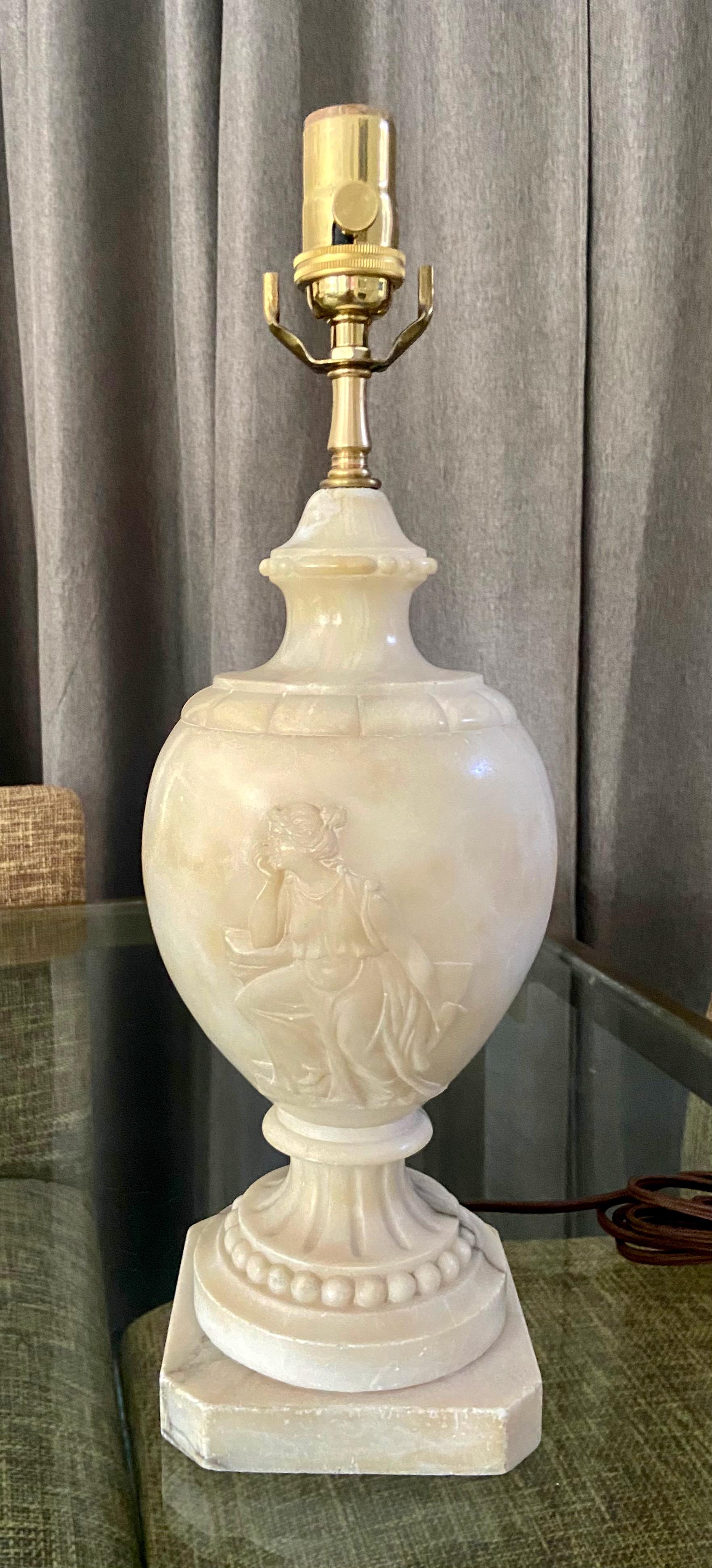 Single Neoclassic Grecian Women Urn Alabaster Table Lamp For Sale 10