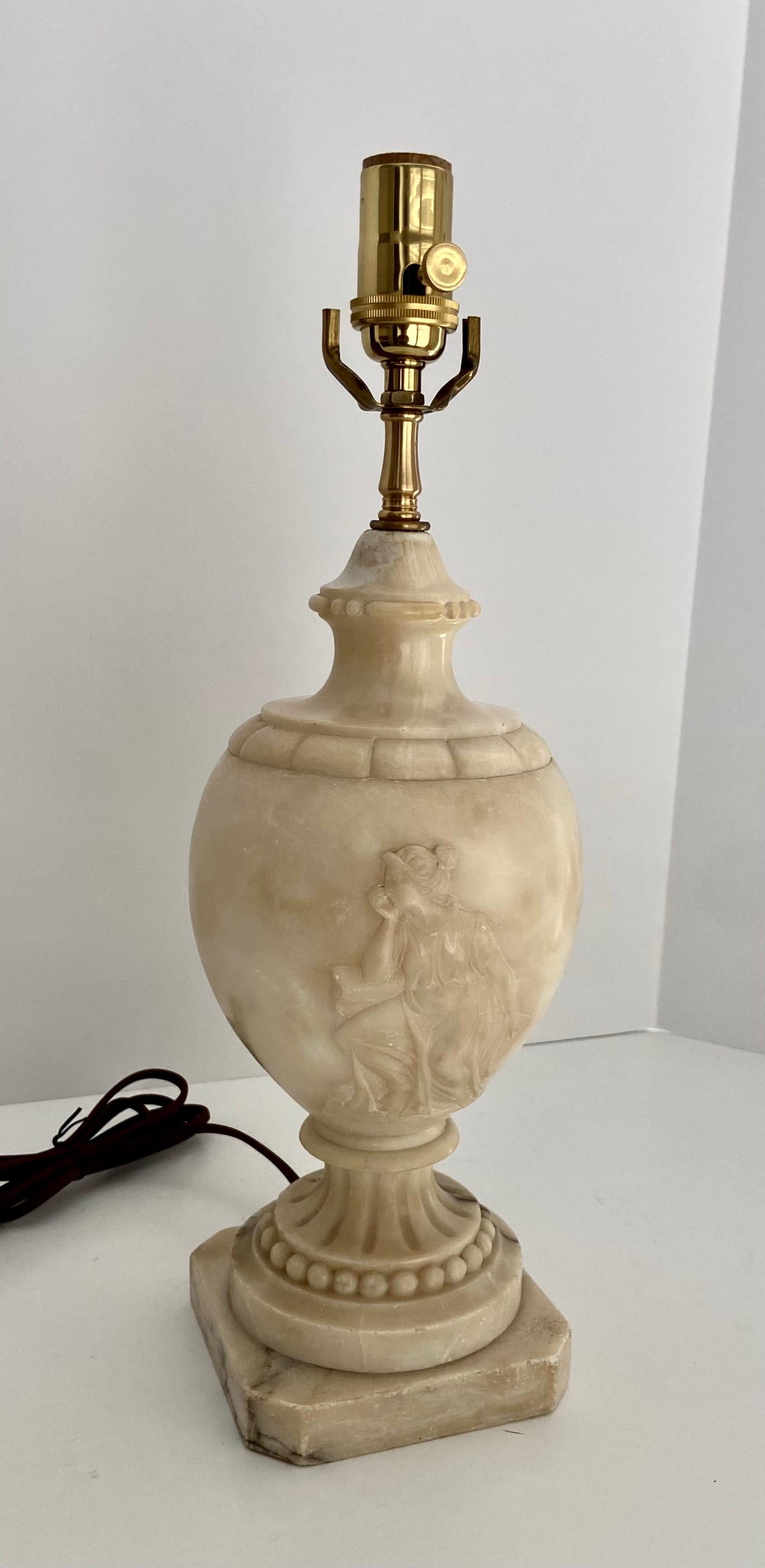 Italian Single Neoclassic Grecian Women Urn Alabaster Table Lamp For Sale