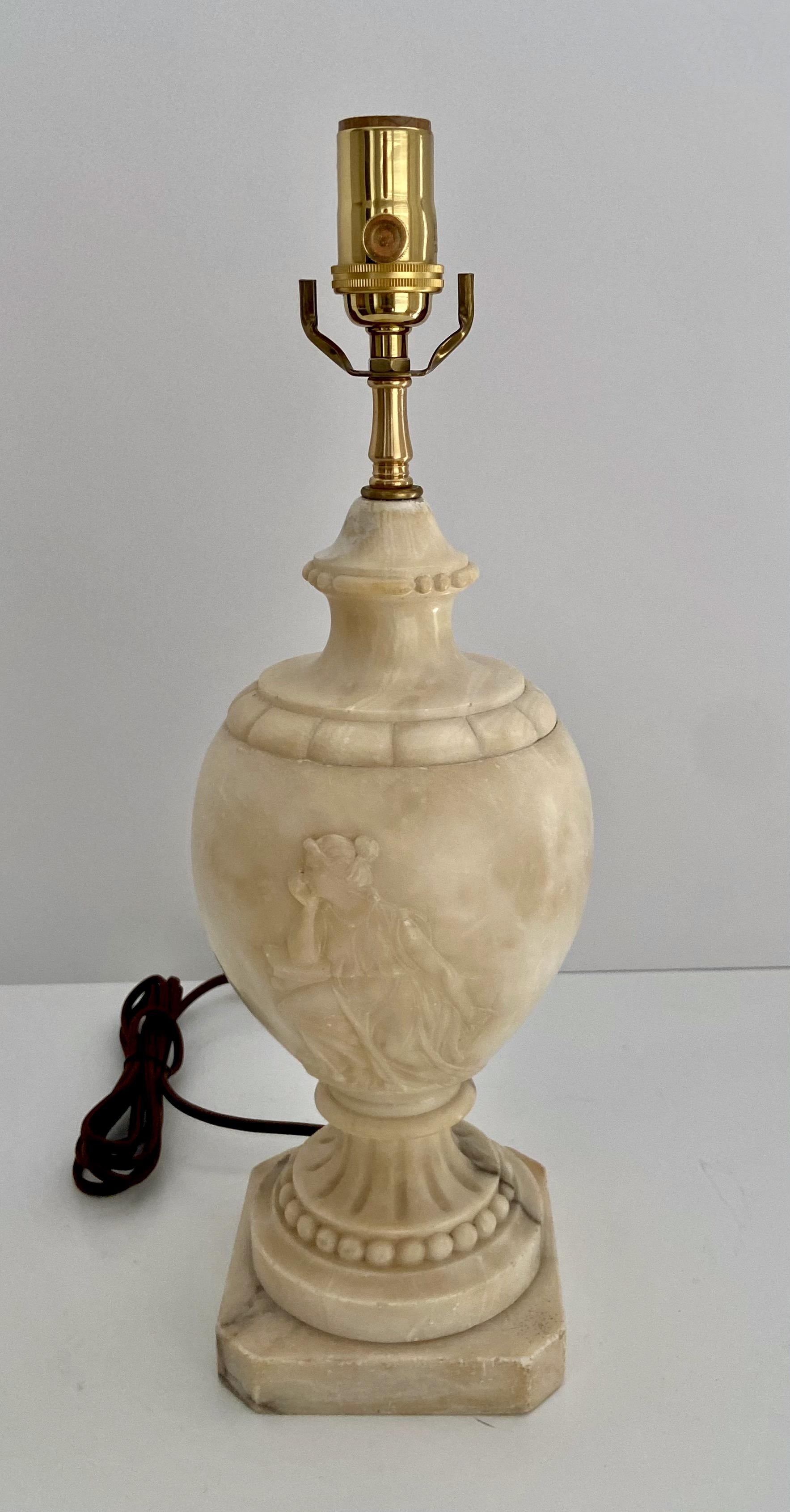 Early 20th Century Single Neoclassic Grecian Women Urn Alabaster Table Lamp For Sale