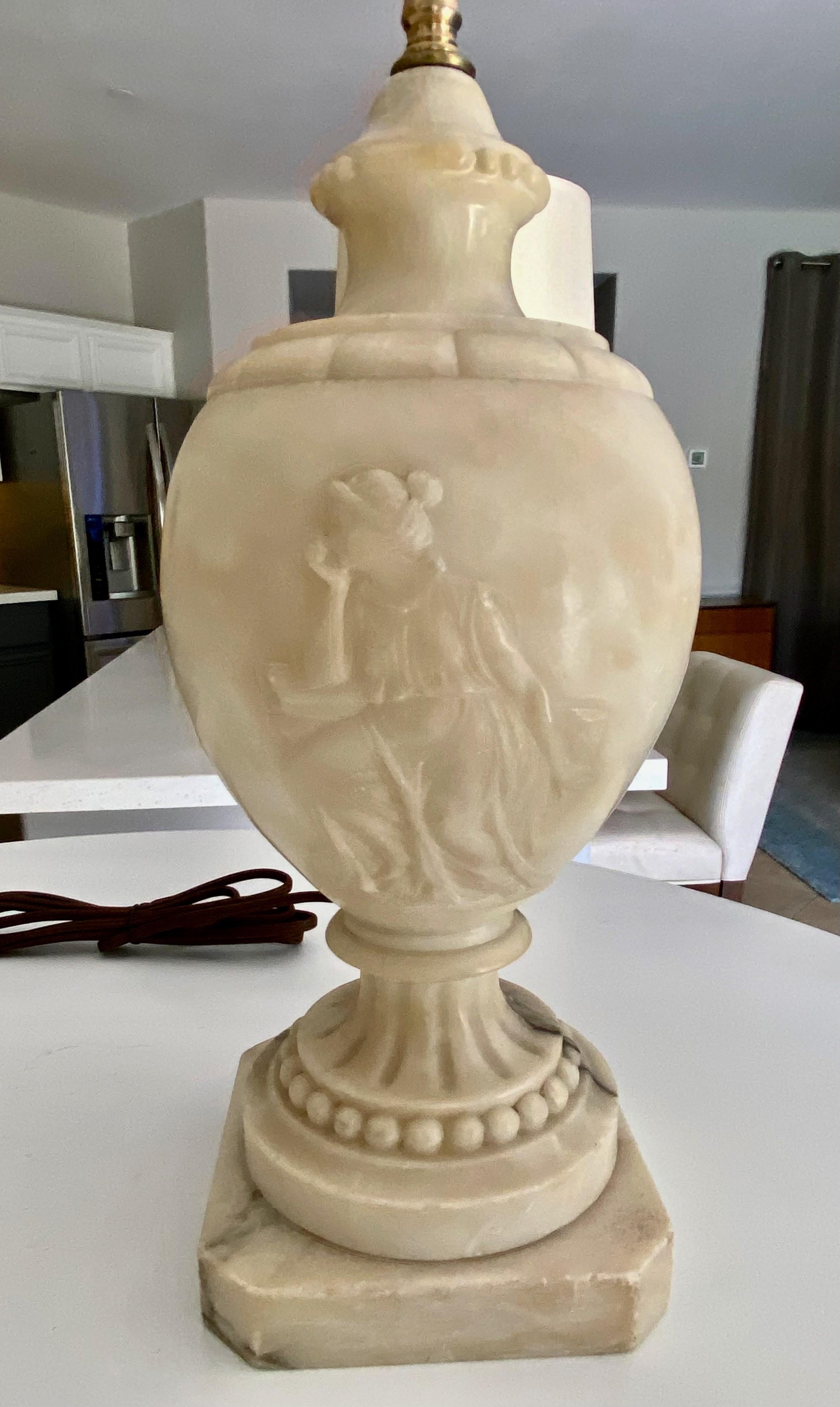 Brass Single Neoclassic Grecian Women Urn Alabaster Table Lamp For Sale