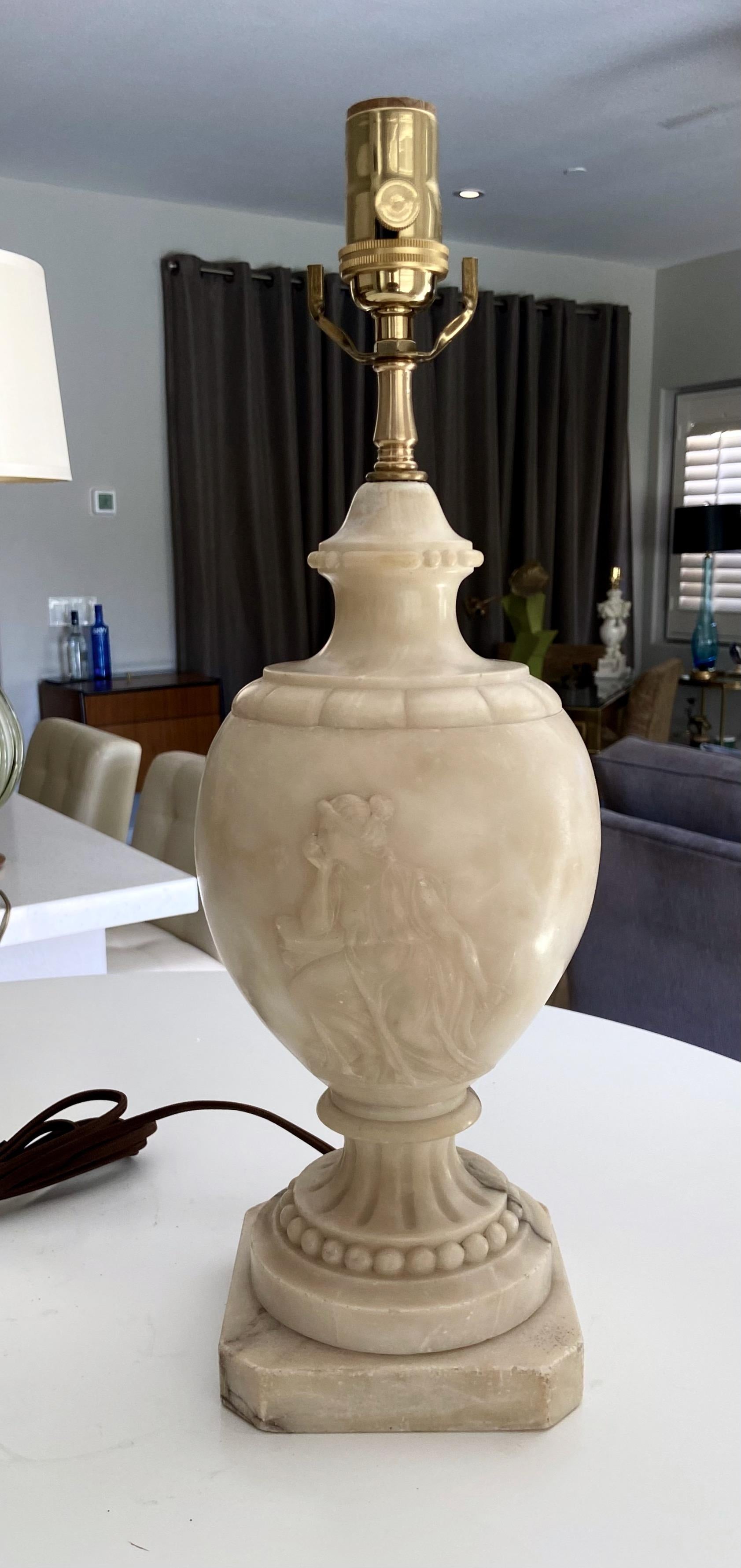 Single Neoclassic Grecian Women Urn Alabaster Table Lamp For Sale 1