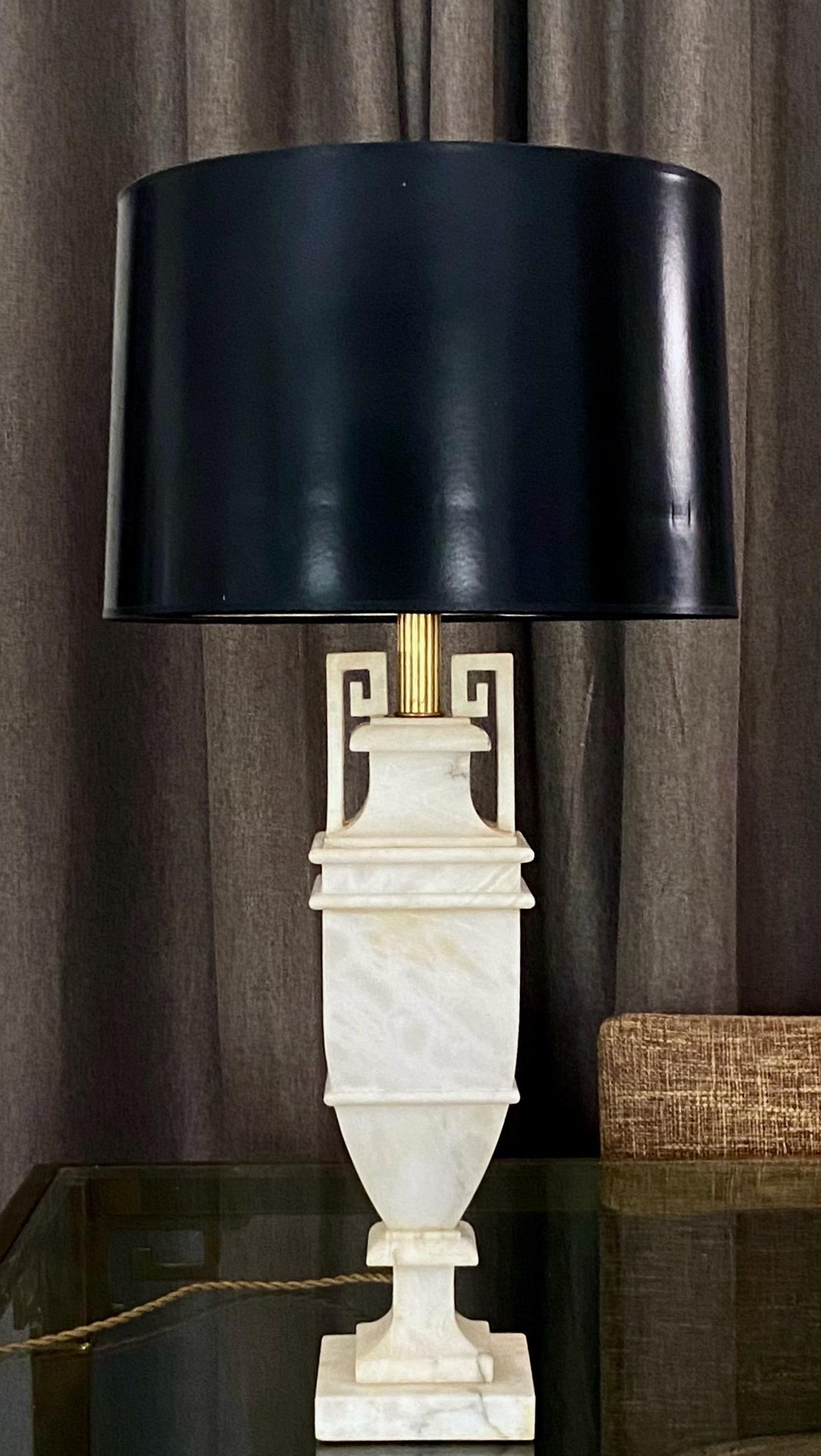 Single hand carved square shape neoclassic style alabaster lamp with Greek key arms. Newly wired with new 3 way sockets and twisted French style cords. Shade is not included.

