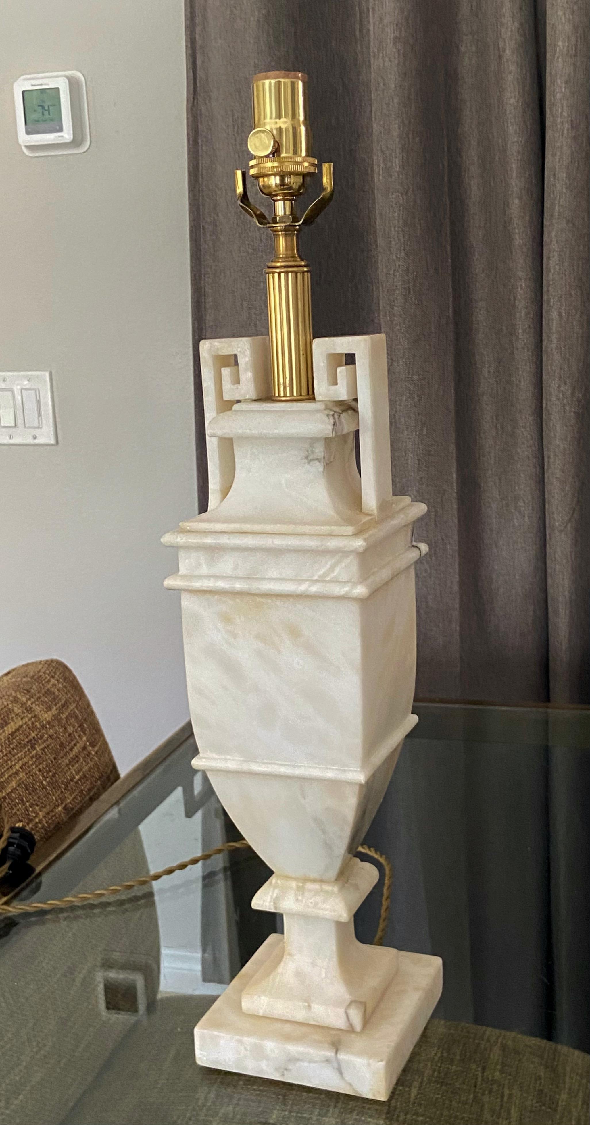 European Single Neoclassic Greek Key Alabaster Table Lamp For Sale