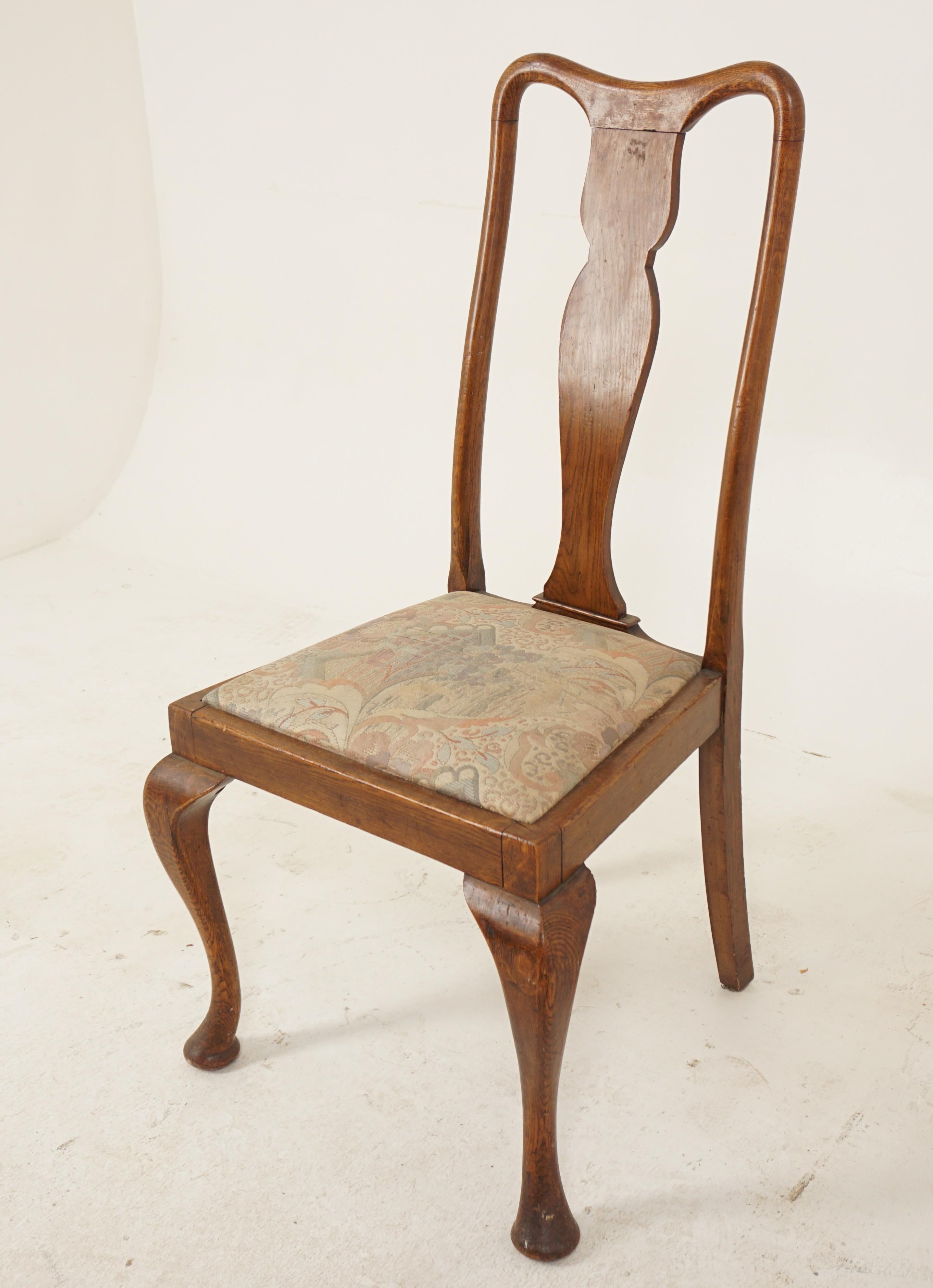 Single oak Queen Ann dining, occasional, desk chair, Scotland 1920, H599

Scotland 1920
Solid oak
Original finish
Having a shaped top rail
Over a centre splat
All standing on cabriole legs
With a drop in upholstered loose seat



H599
21