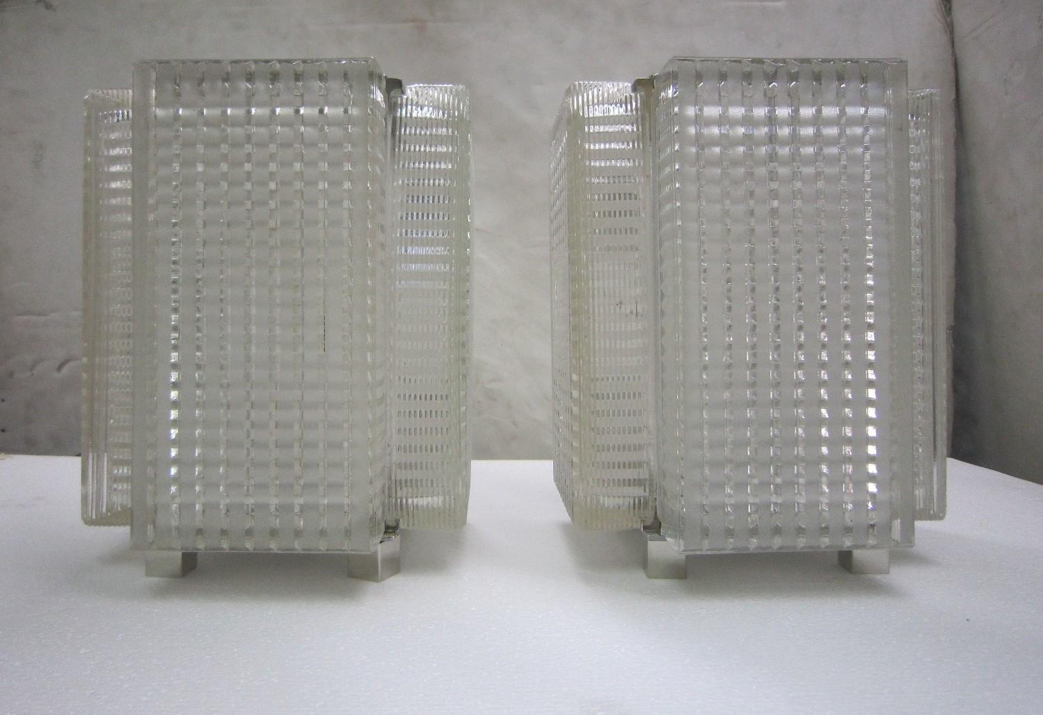 Mid-20th Century Pair of Midcentury Glass Table Lamps with Polished Nickeled Trim