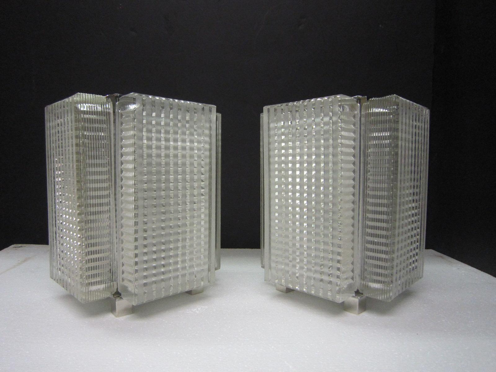 Pair of Midcentury Glass Table Lamps with Polished Nickeled Trim 3