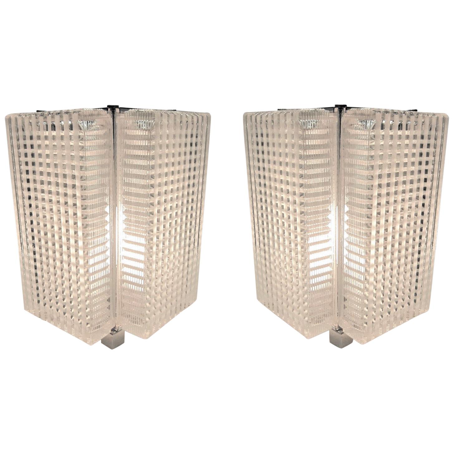  Pair of Midcentury Glass Table Lamps with Polished Nickeled Trim