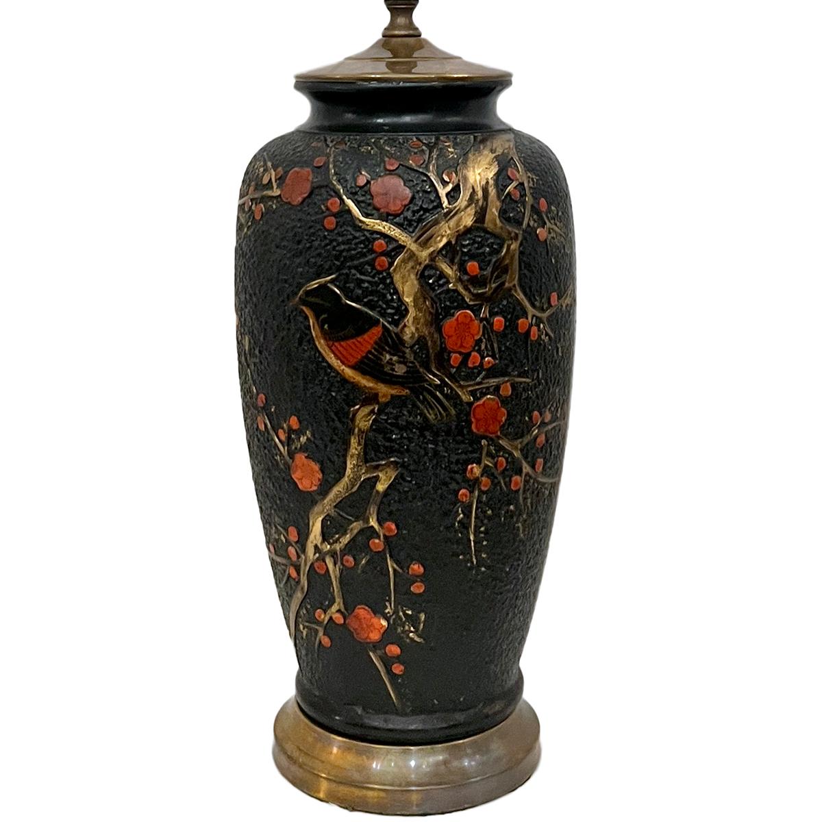 A circa 1920 Chinese lamp with birds and foliage motif.

Measurements:
Height of body: 14