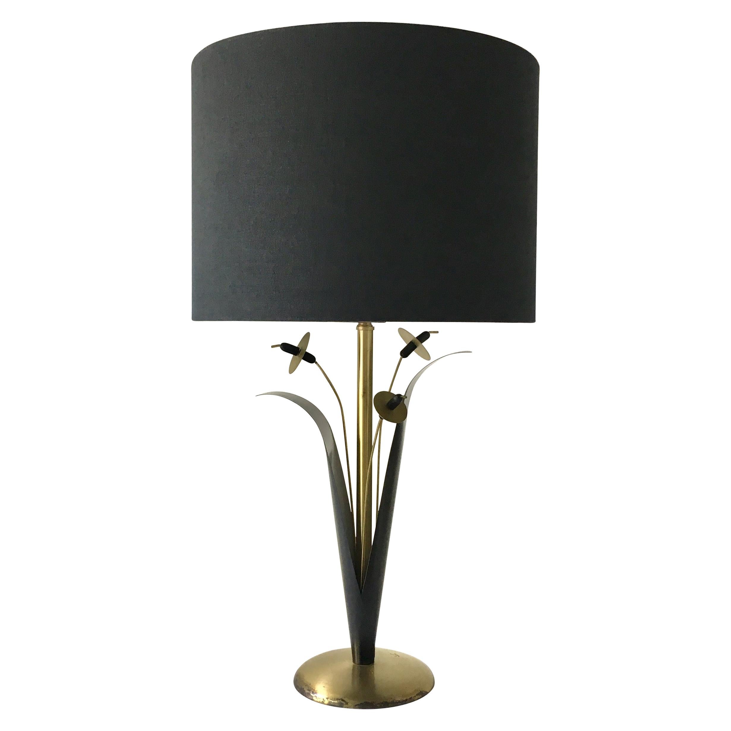 Single Patinated Metal Sculptural Reed Table Lamp, 1970s