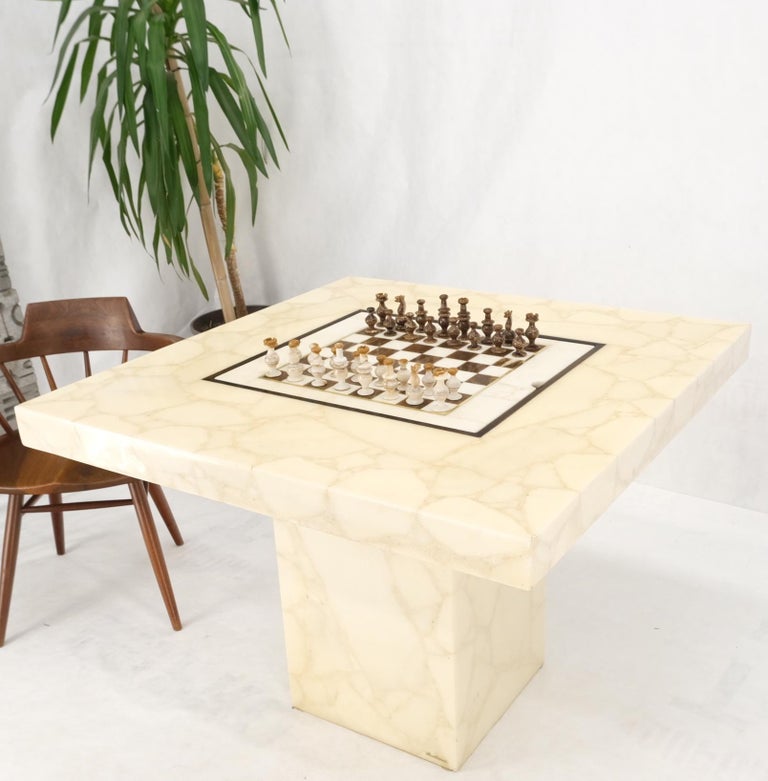 Polished Single Pedestal Base Marble Square Dining Game Table Flip Top Chess Board For Sale