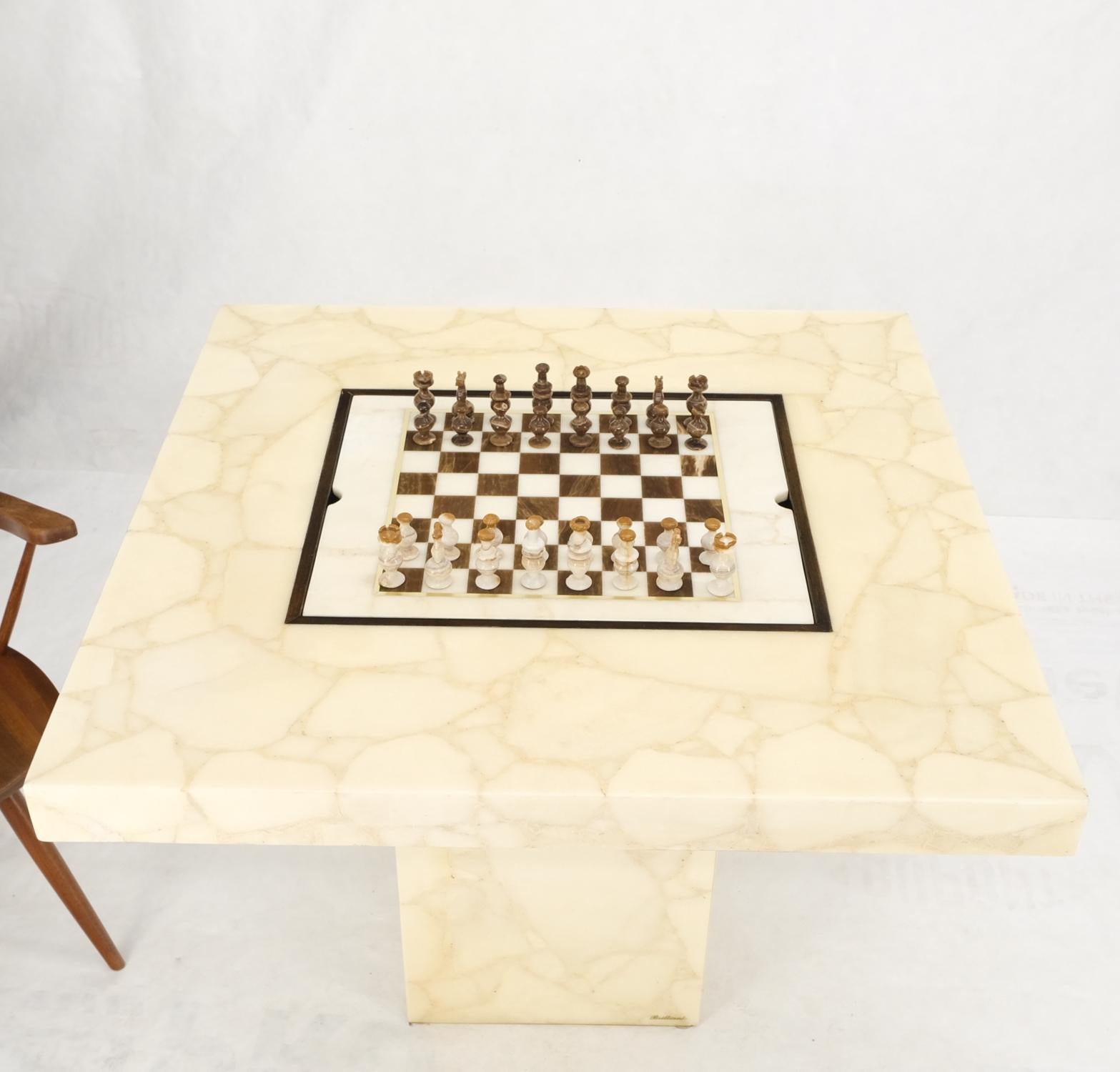 Single Pedestal Base Marble Square Dining Game Table Flip Top Chess Board In Good Condition In Rockaway, NJ