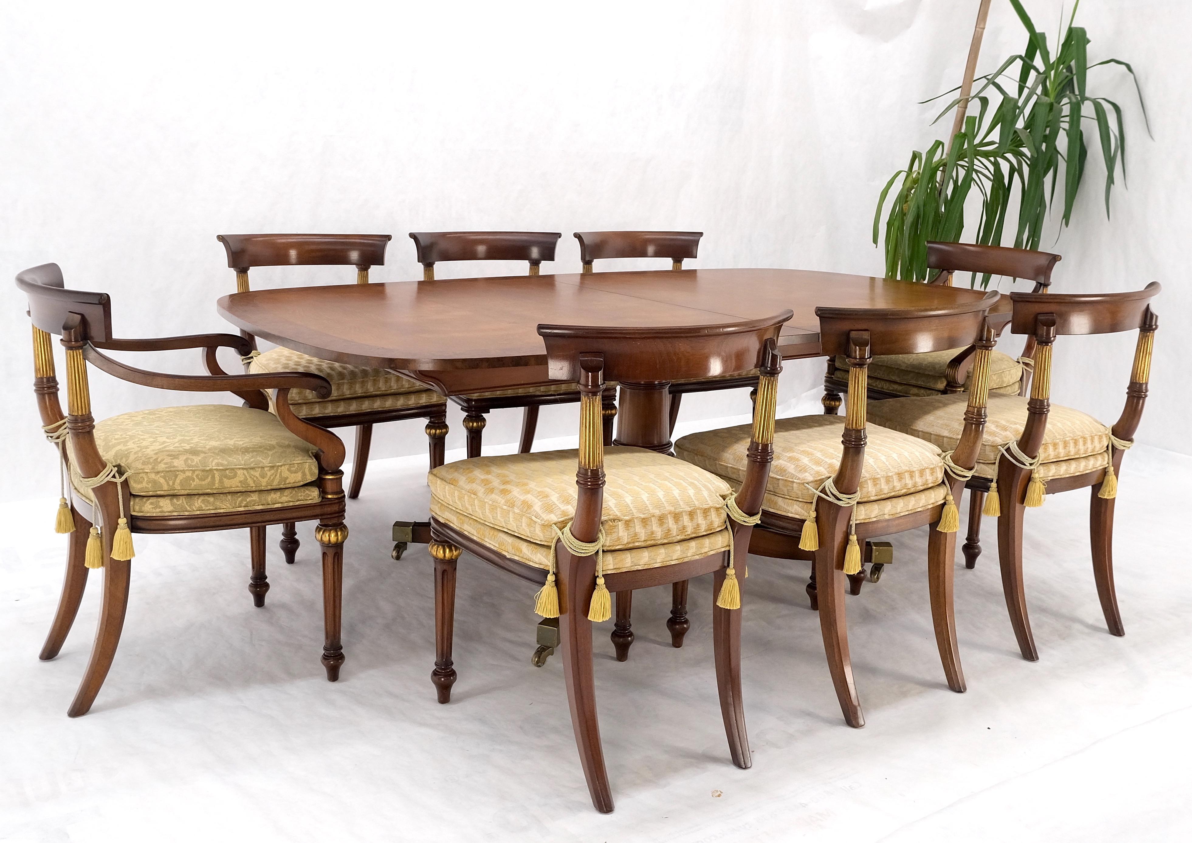 Single Pedestal One Leaf Oval Banded Dining Table 8 Regency Chairs Set MINT! For Sale 5