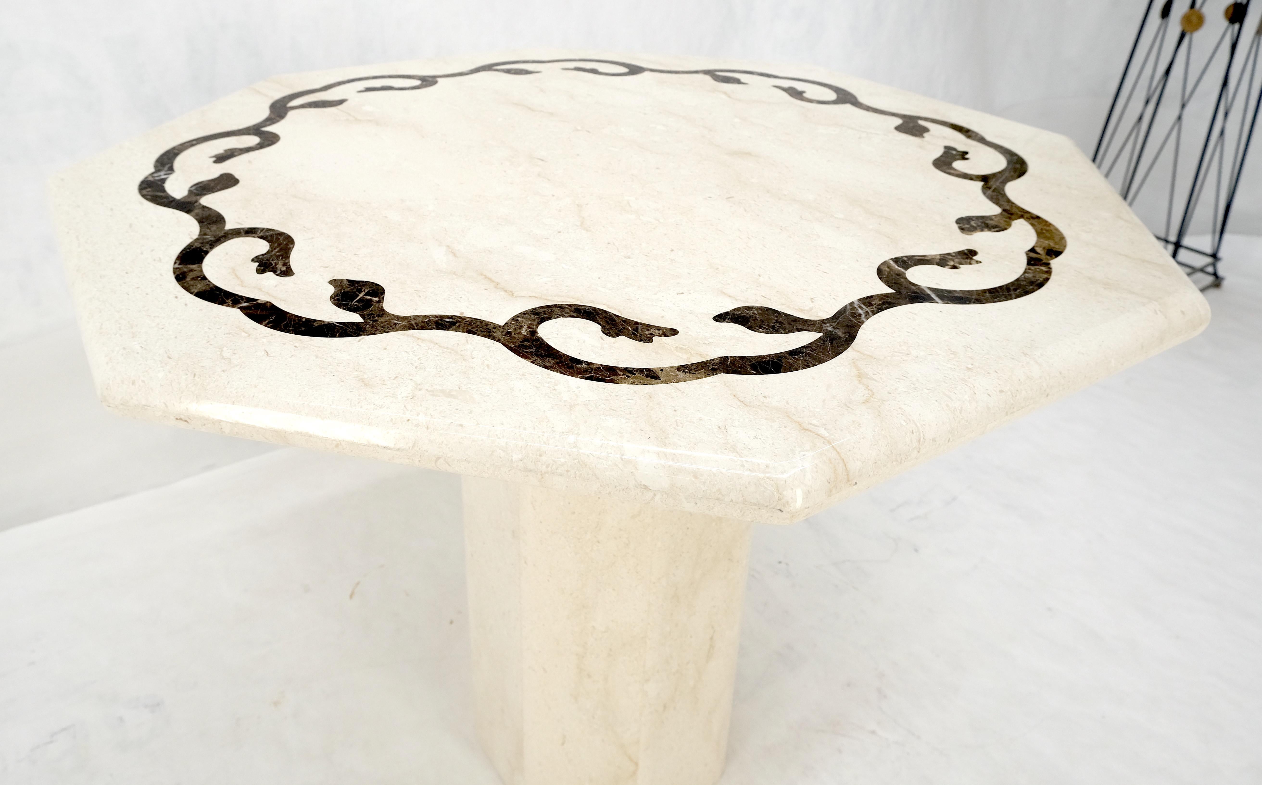 Mid-Century Modern Single Pedestal Solid Italian Marble Inlayed Top Dining Center Game Table MINT For Sale