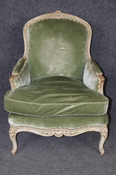 Single Period French Velvet Creme Painted Velvet Louis XV Style Bergere Chair