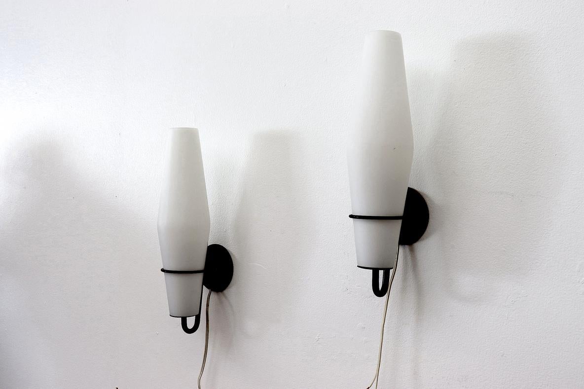 Mid-Century Modern Single Philips Milk Glass and Black Enameled Metal Wall Sconce For Sale