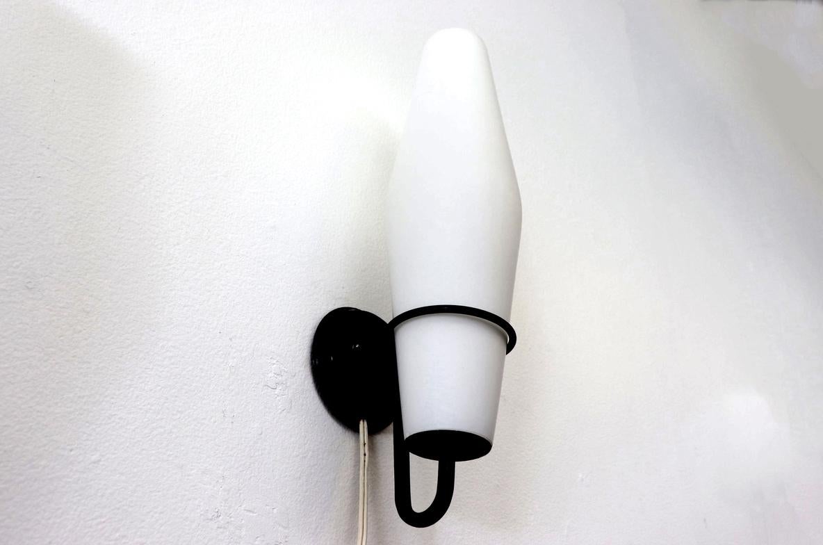 Dutch Single Philips Milk Glass and Black Enameled Metal Wall Sconce For Sale