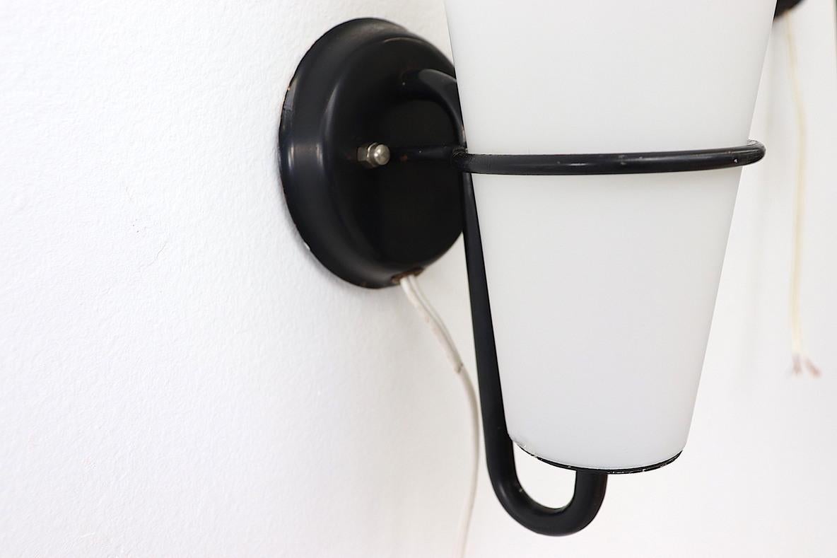 20th Century Single Philips Milk Glass and Black Enameled Metal Wall Sconce For Sale