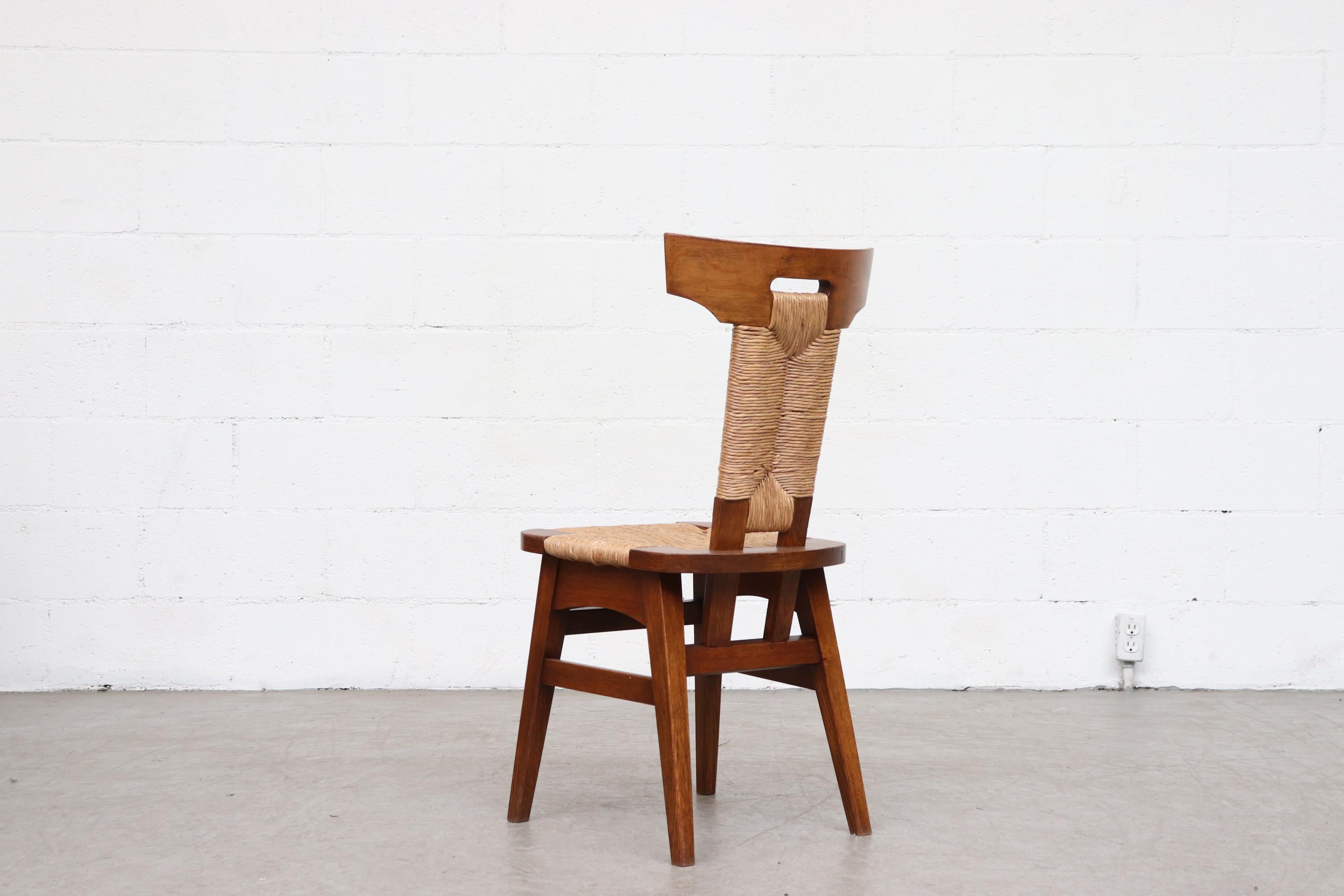 Dutch Single Pierre Chapo Style Brutalist Rush and Walnut Side Chair