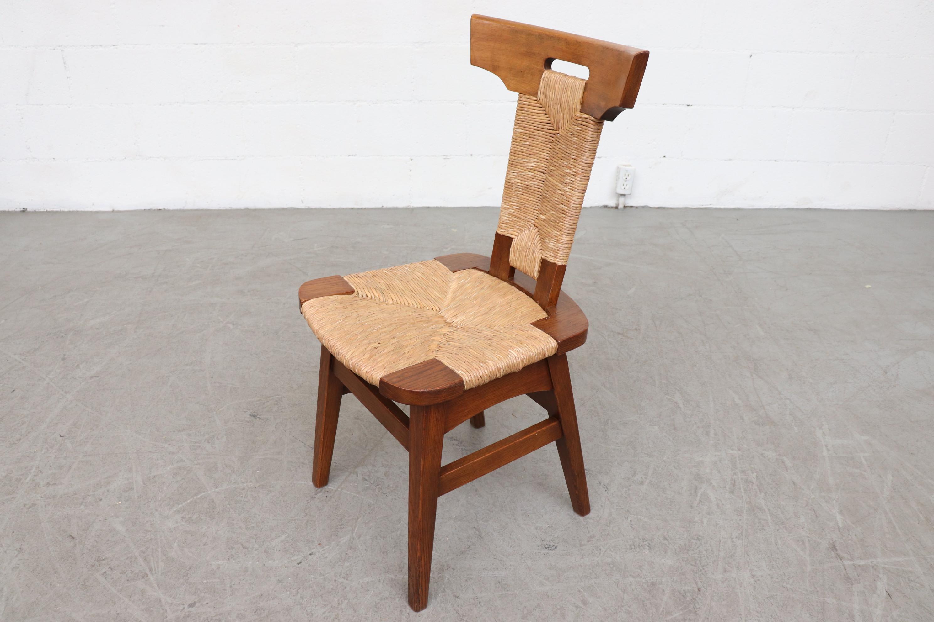 Mid-20th Century Single Pierre Chapo Style Brutalist Rush and Walnut Side Chair