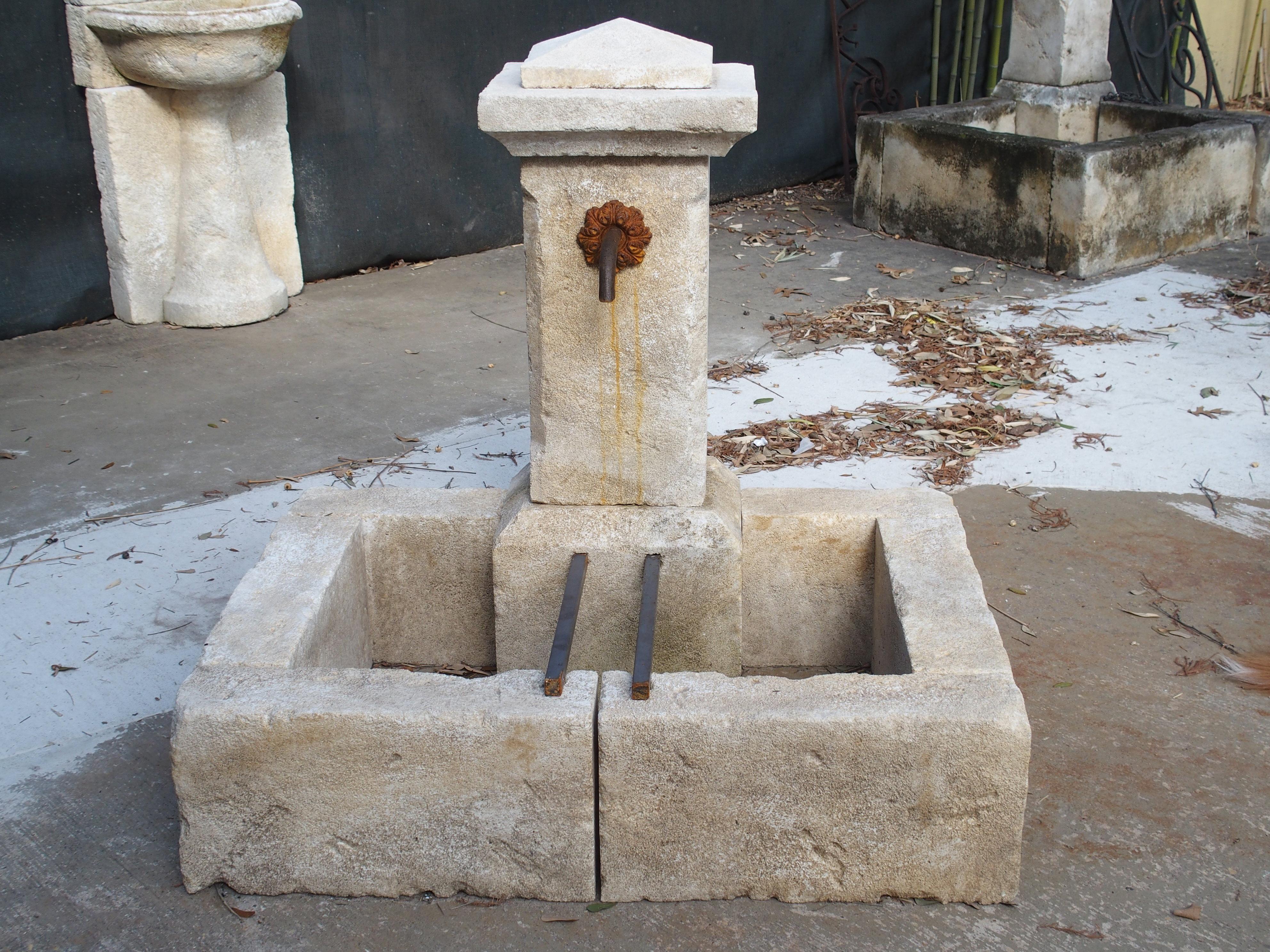 Hand-Carved Single Pillar French Limestone Fountain from Provence
