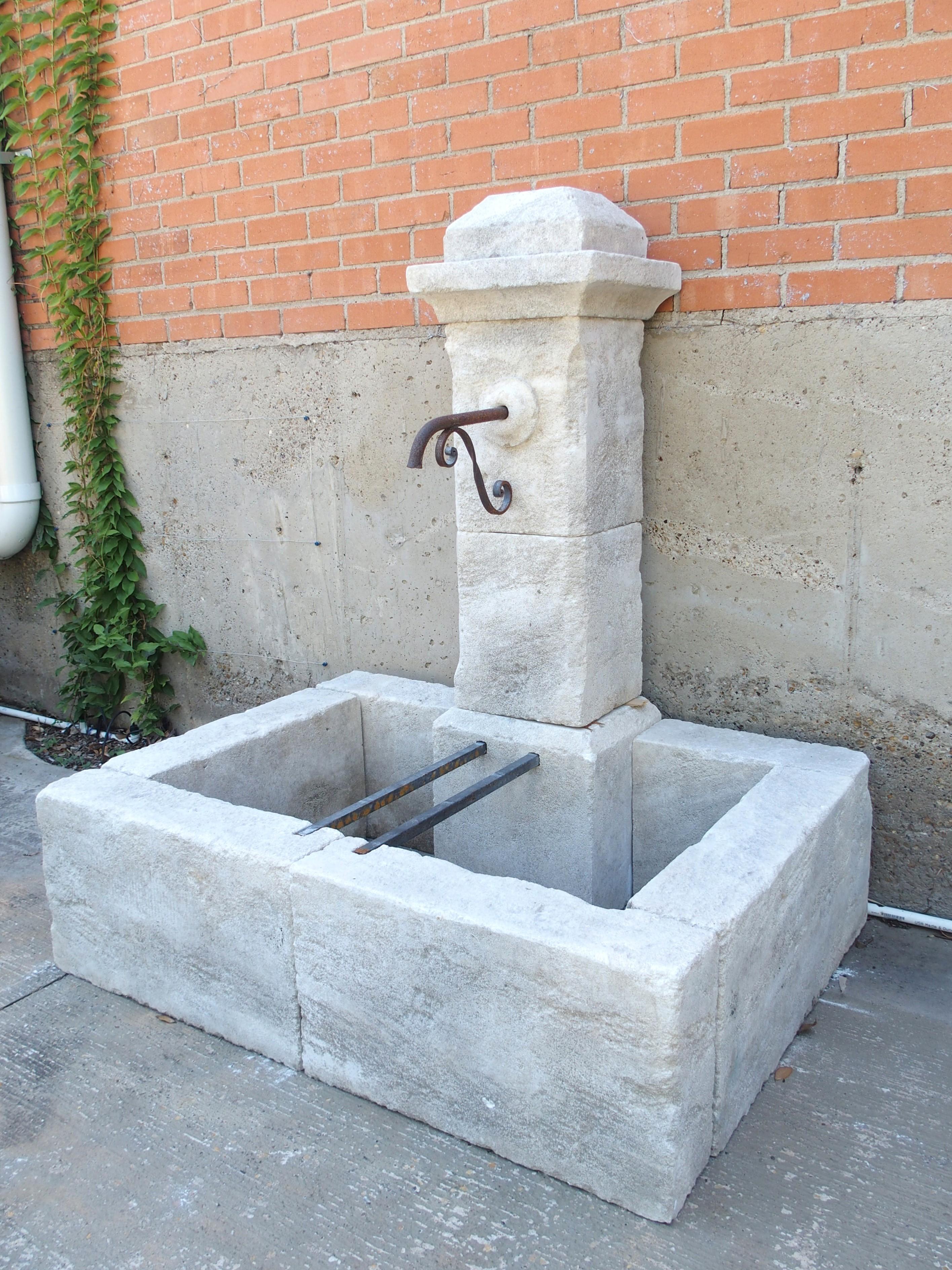 Single Pillar Rectangular Provencale Wall Fountain in Carved Limestone For Sale 4