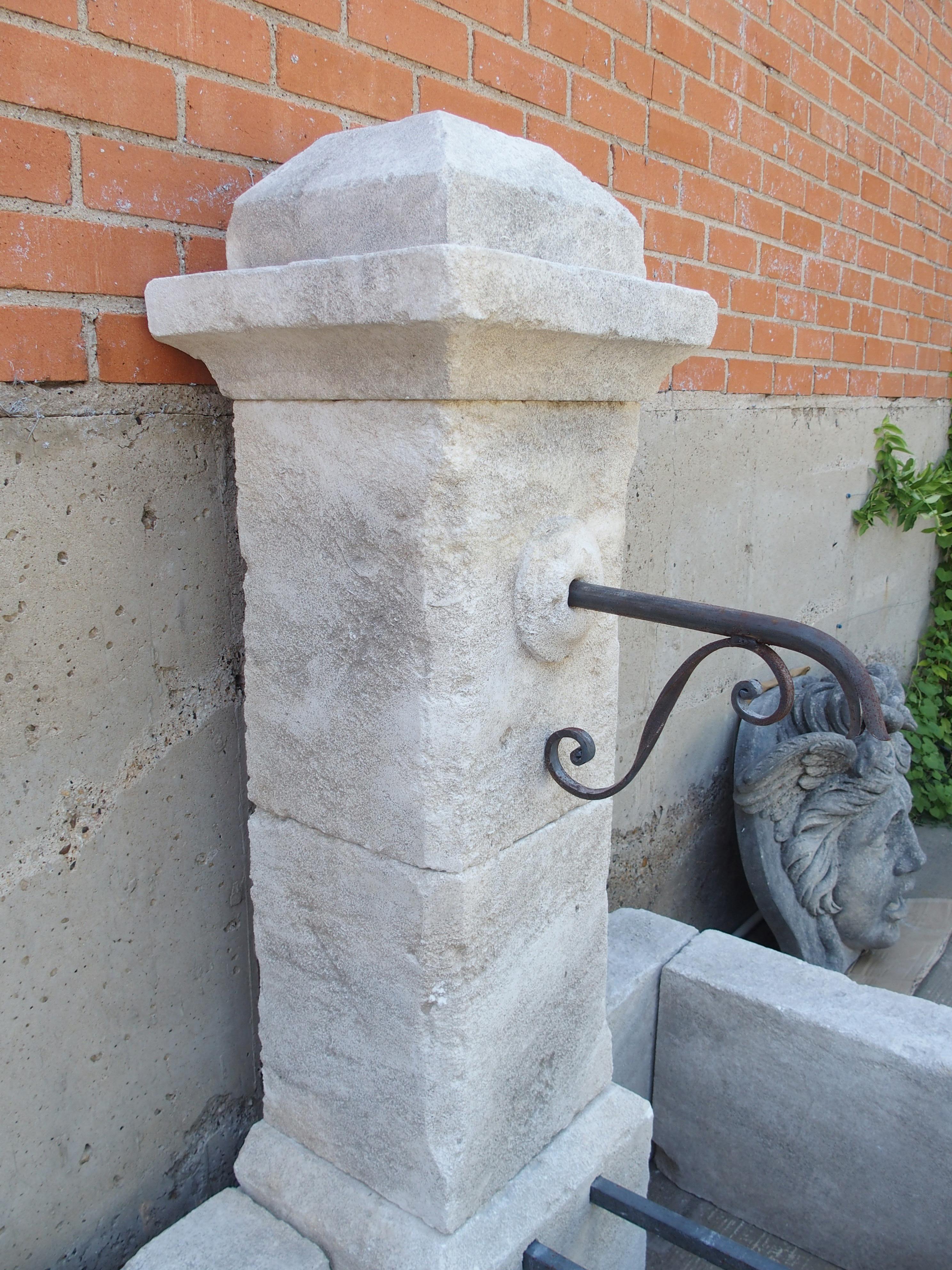 Metal Single Pillar Rectangular Provencale Wall Fountain in Carved Limestone For Sale