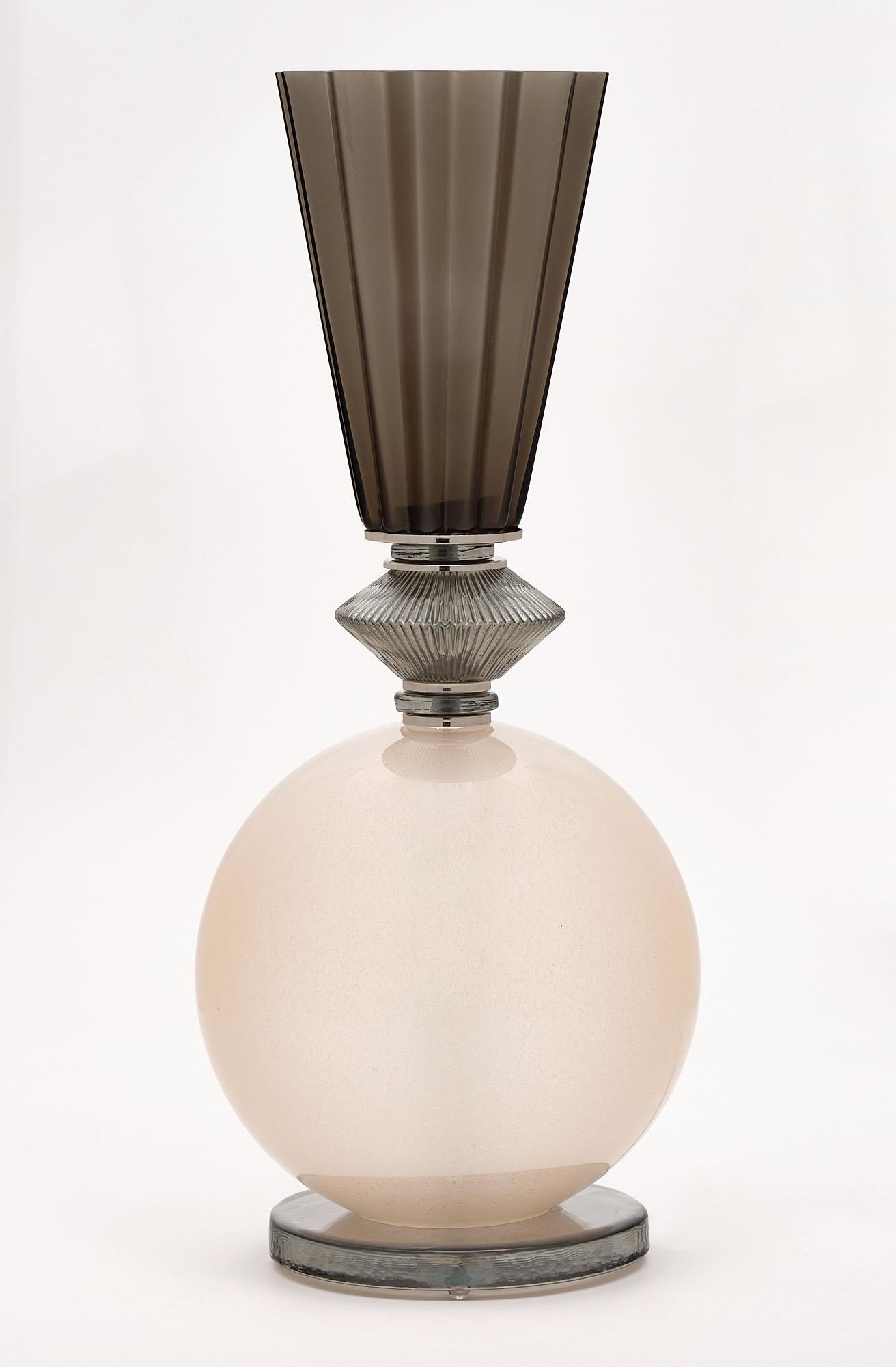 Murano glass lamp featuring an “opaline” hand-blown pink glass base with a conic gray glass shade. This piece has been newly wired to fit US standards.