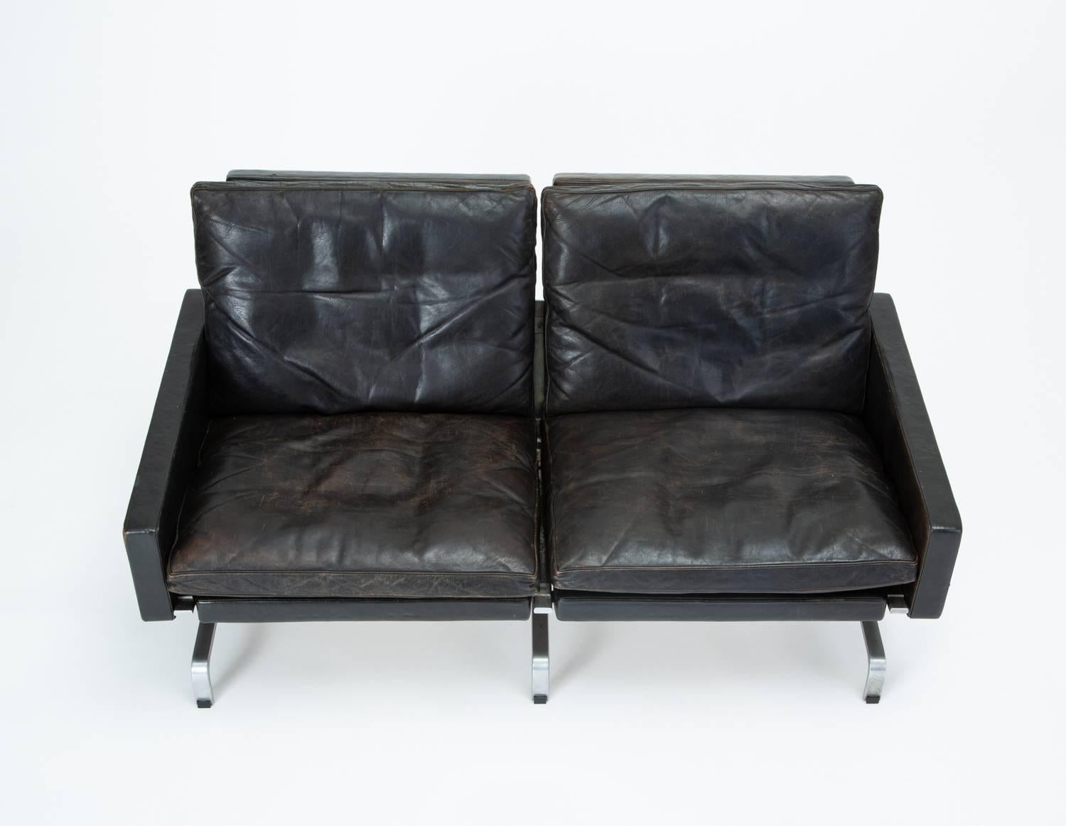 Patinated Black Leather PK 31/2  Loveseat by Poul Kjaerholm for E. Kold Christensen