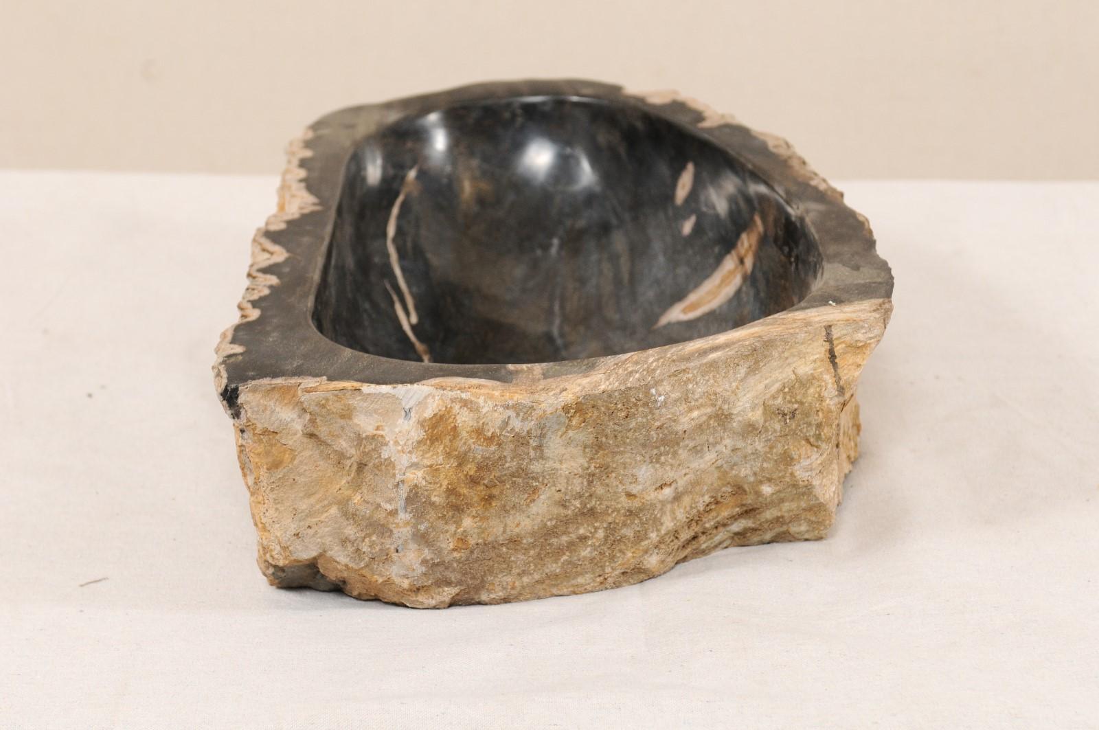 Contemporary Single Polished Petrified Wood Sink in Tan, Black and Brown Colors