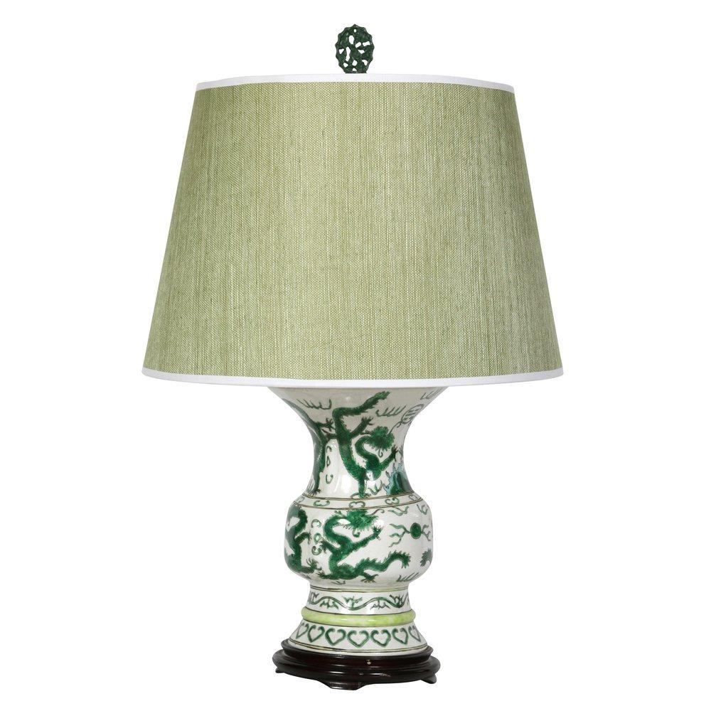 20th Century Single Porcelain Asian Dragon Motif Lamp on Wood Base For Sale