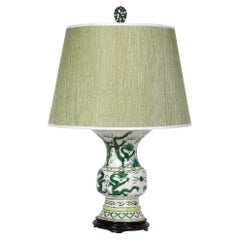 Retro Single Porcelain Asian Dragon Motif Lamp on Wood Base