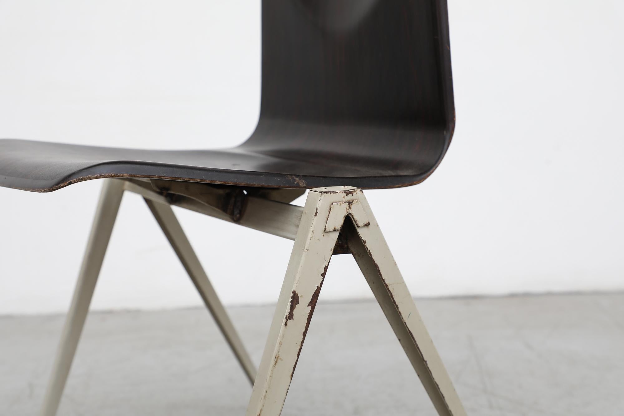 Single Prouve Style Industrial Stacking Chair with Grey Legs & Dark Stained Seat For Sale 2