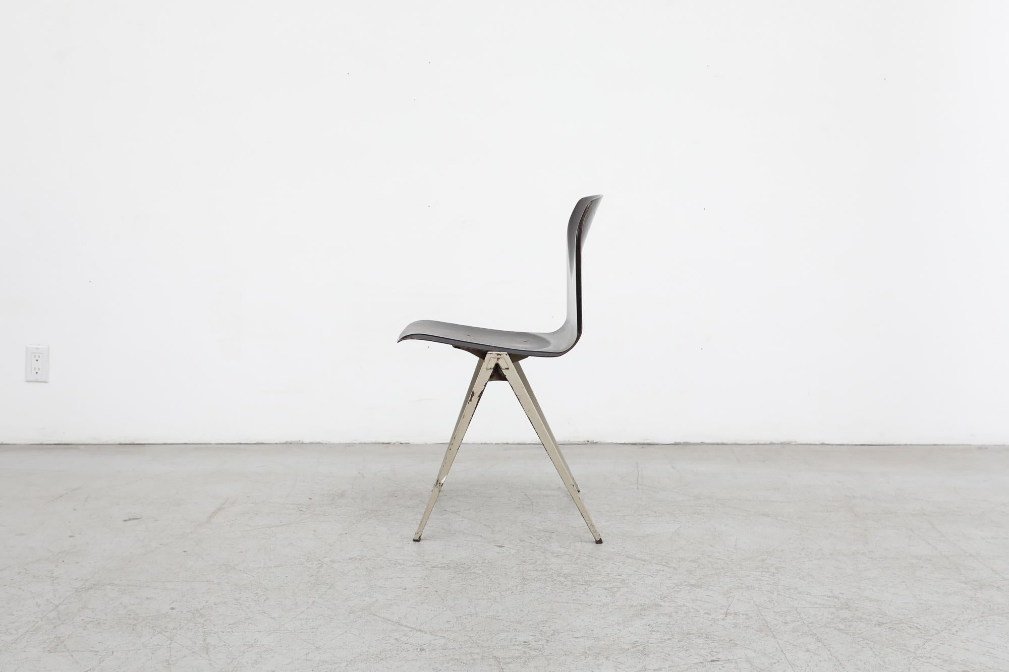 Dutch Single Prouve Style Industrial Stacking Chair with Grey Legs & Dark Stained Seat For Sale