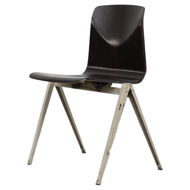 Single Prouve Style Industrial Stacking Chair with Grey Legs & Dark Stained Seat