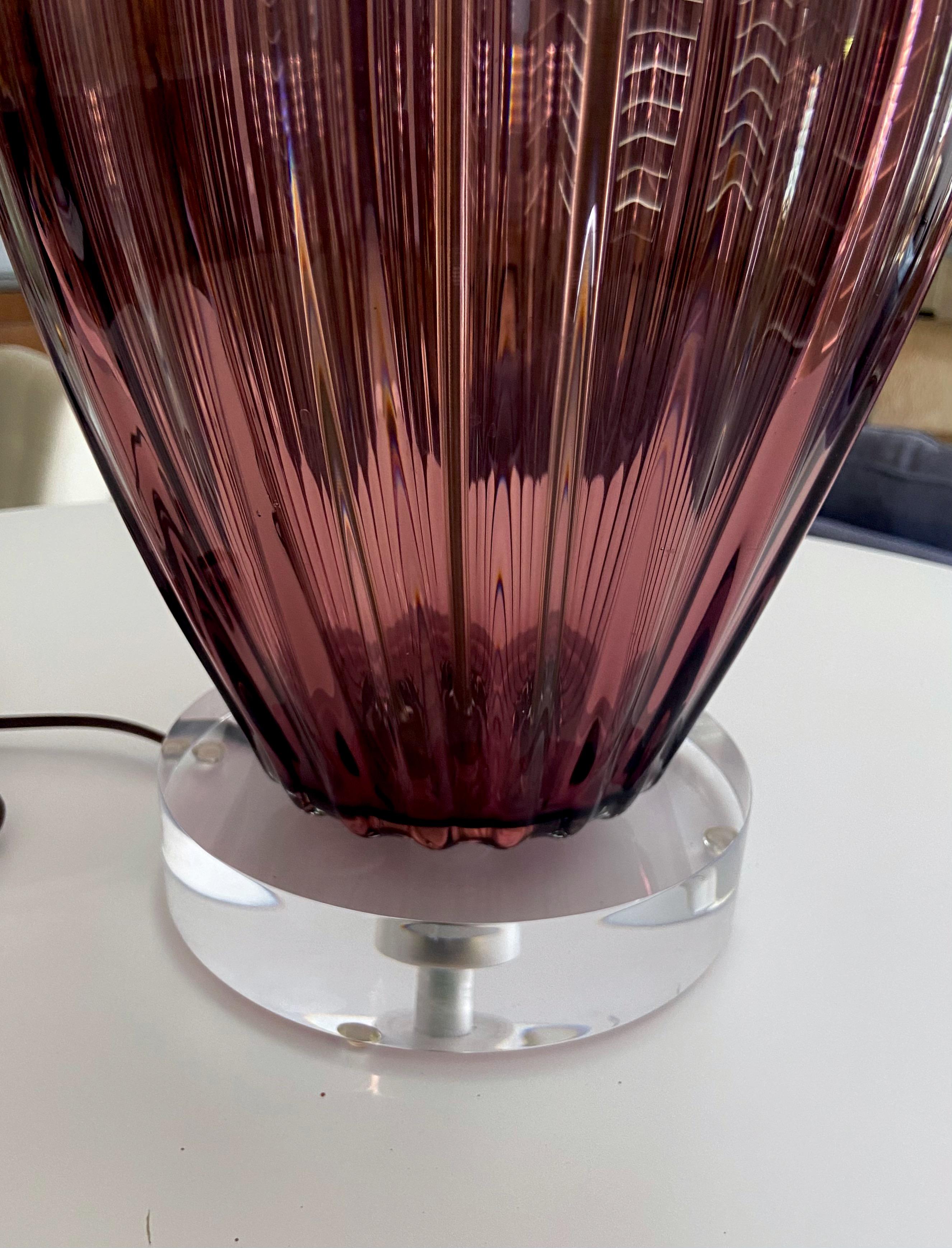 Single Purple Murano Italian Ribbed Gold Glass Table Lamp For Sale 7